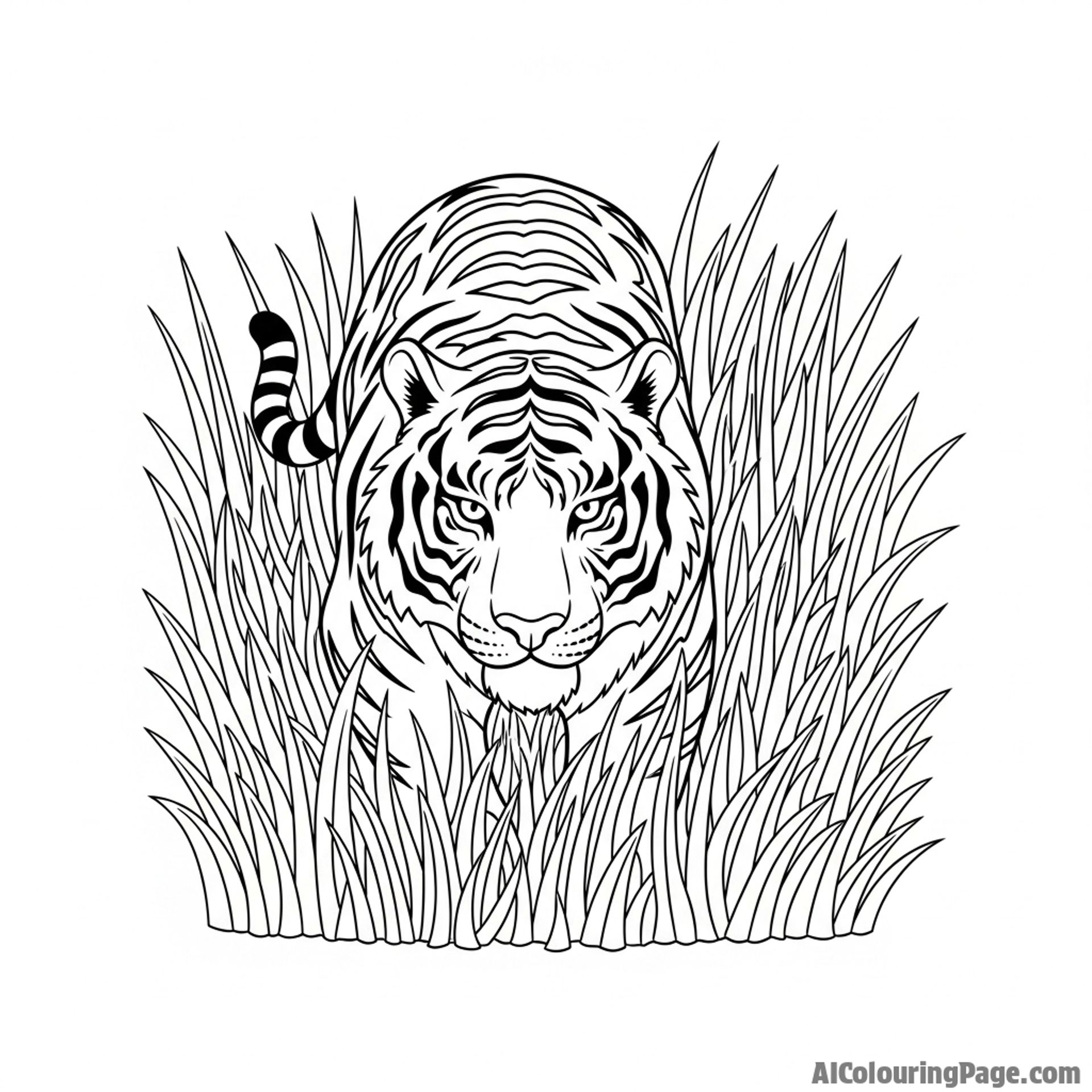 A stealthy tiger moving through tall grass, only its stripes visible