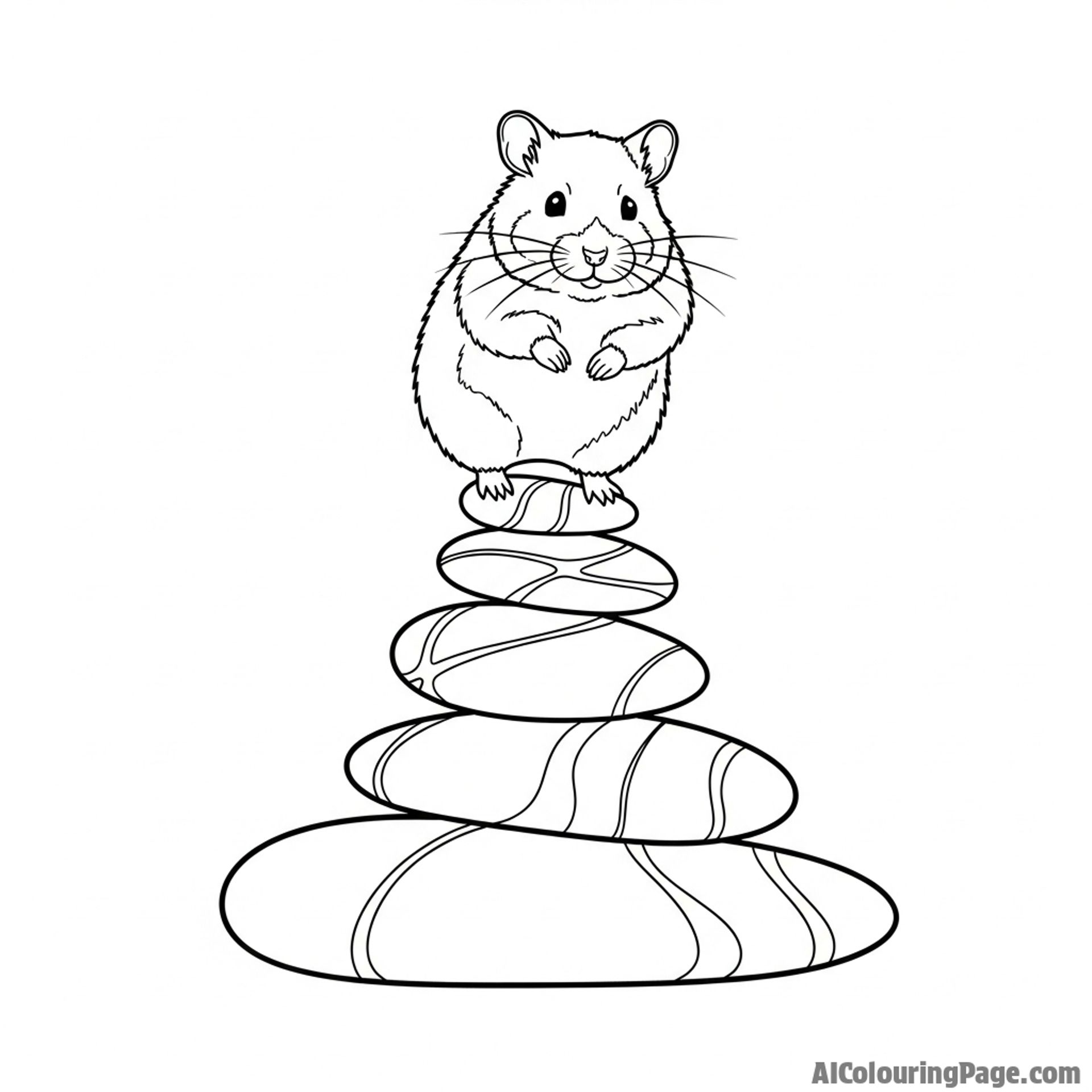 A hamster balancing on a stack of smooth stones