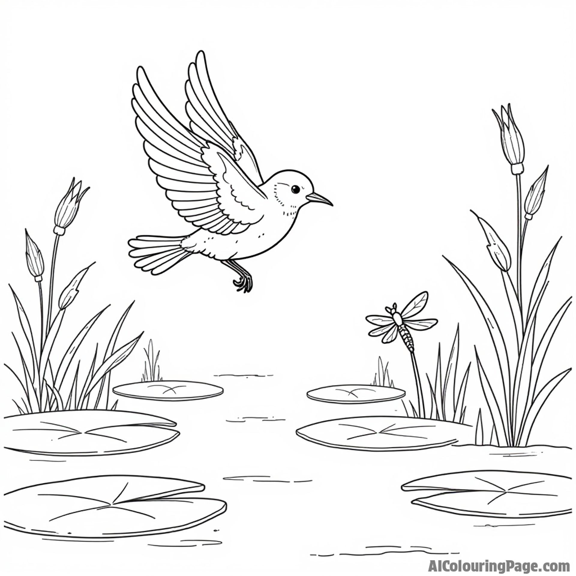 A robin flying over a serene pond with lily pads and dragonflies, creating a peaceful scene for young artists to color.