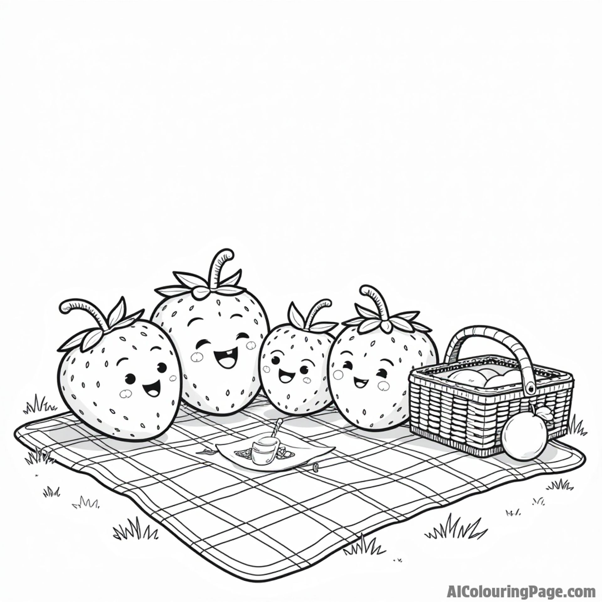 A group of smiling strawberries having a picnic on a checkered blanket, with a picnic basket and lemonade nearby.