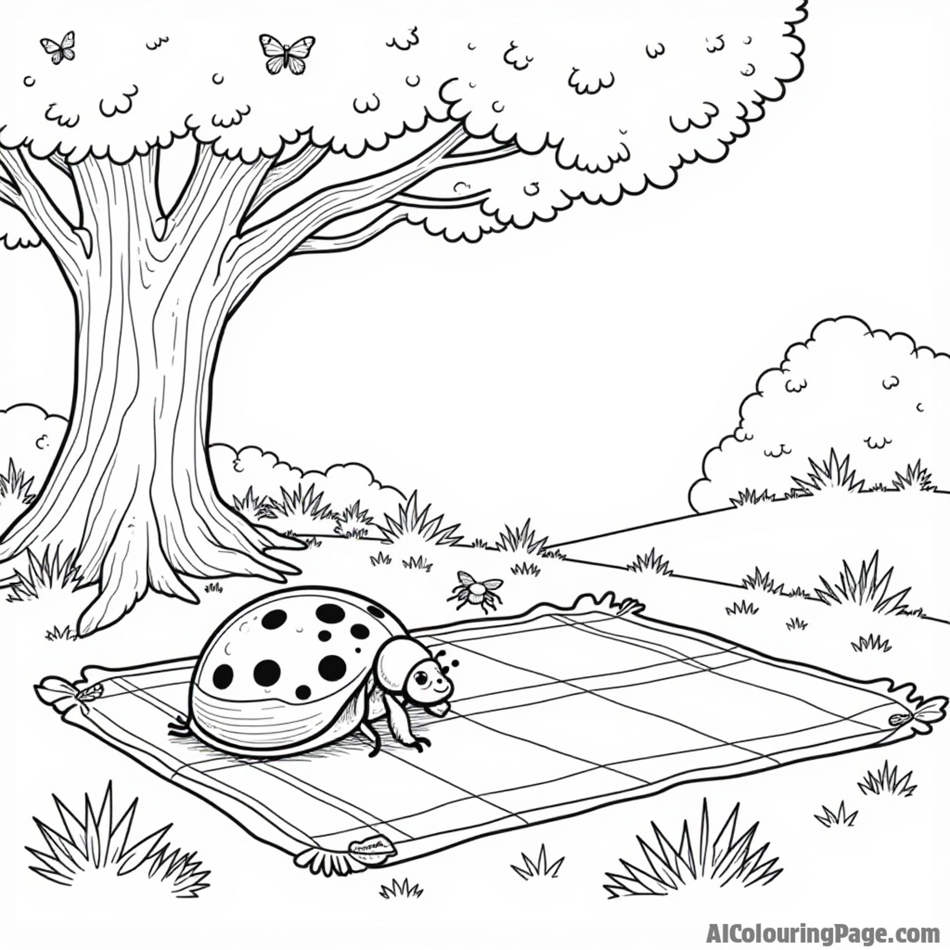 A ladybug resting on a picnic blanket with other insects, enjoying a sunny day under a big tree.