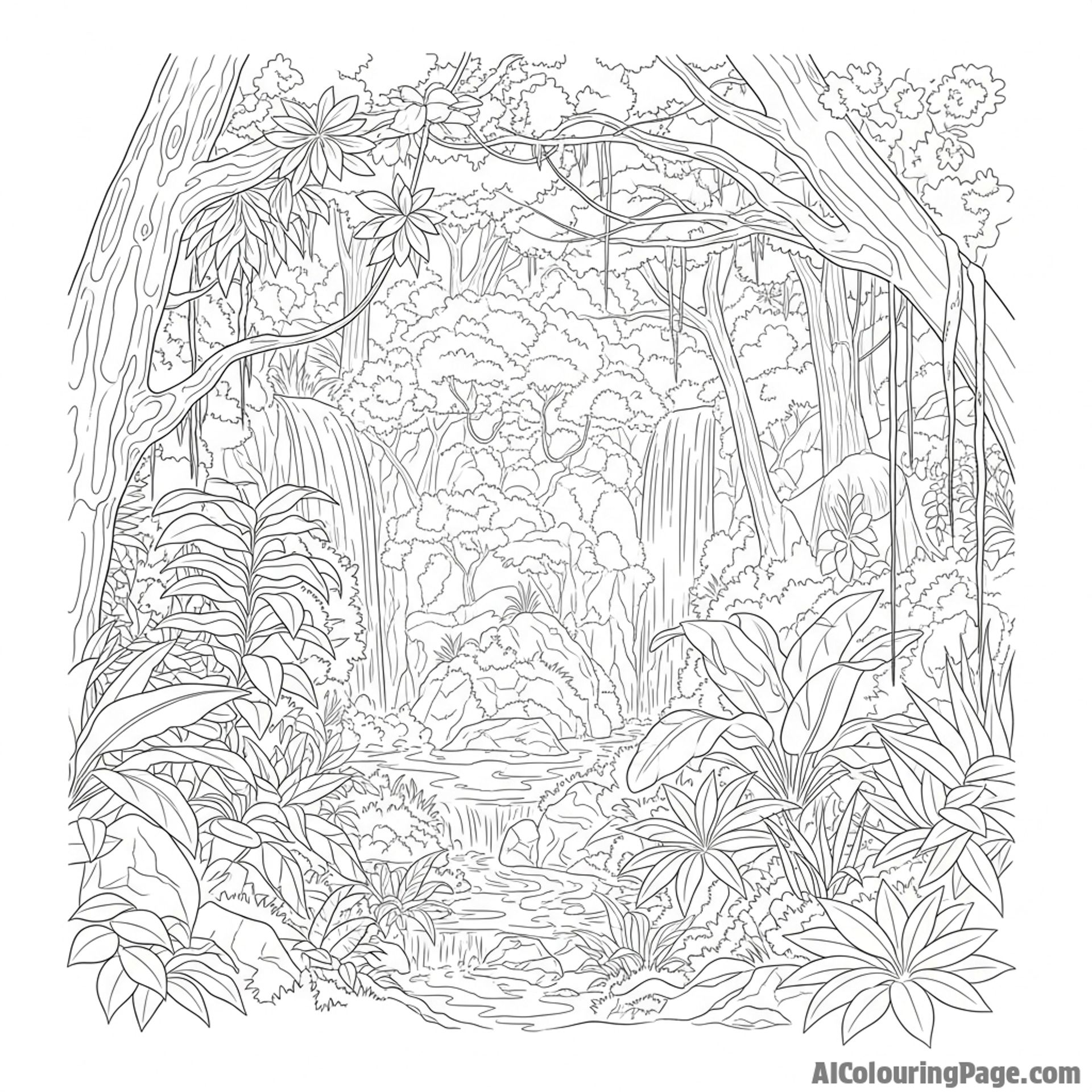 Lush rainforest interior, dense vegetation and hidden waterfalls.