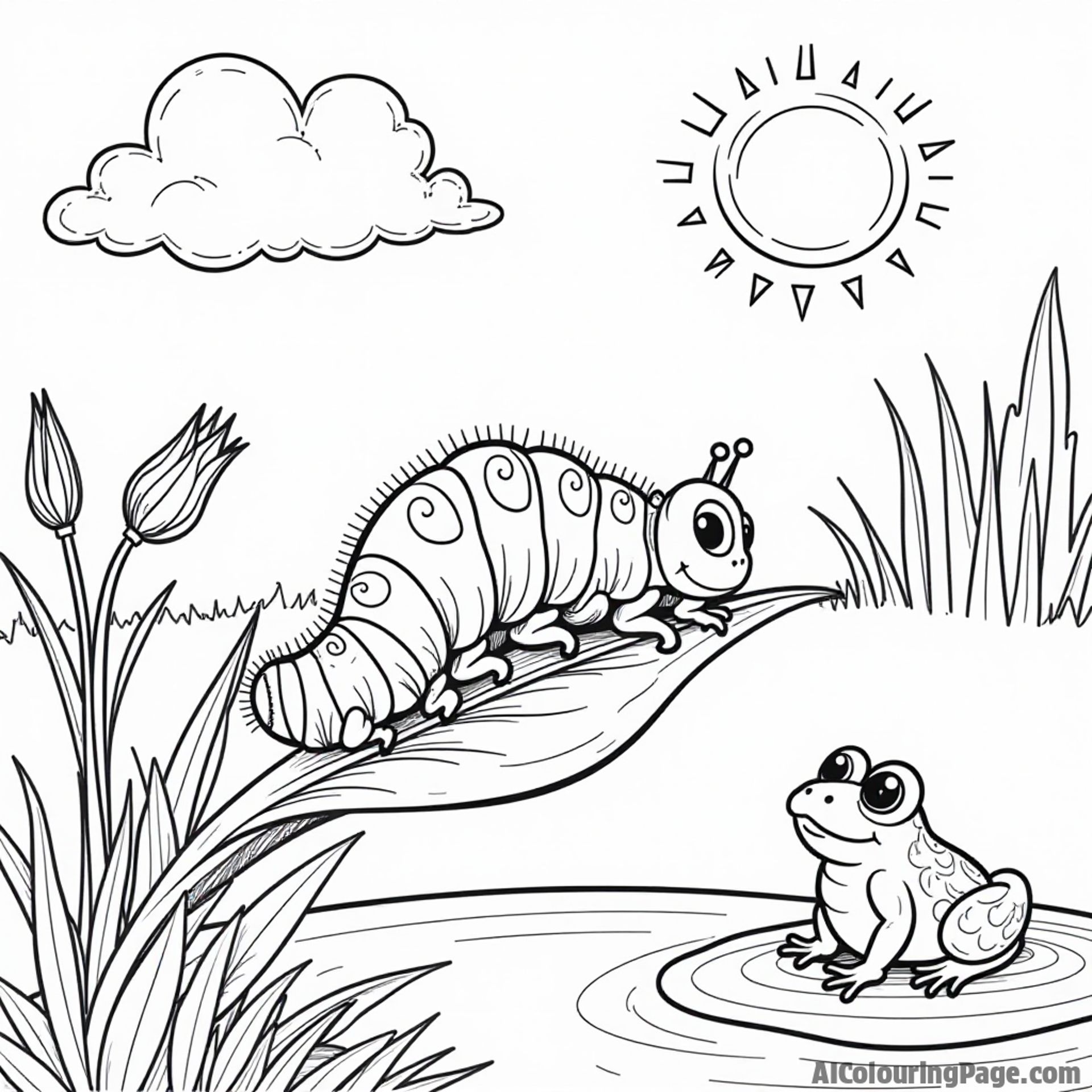 A caterpillar on a leaf enjoying a sunny day with a playful frog nearby and a small pond in the background.