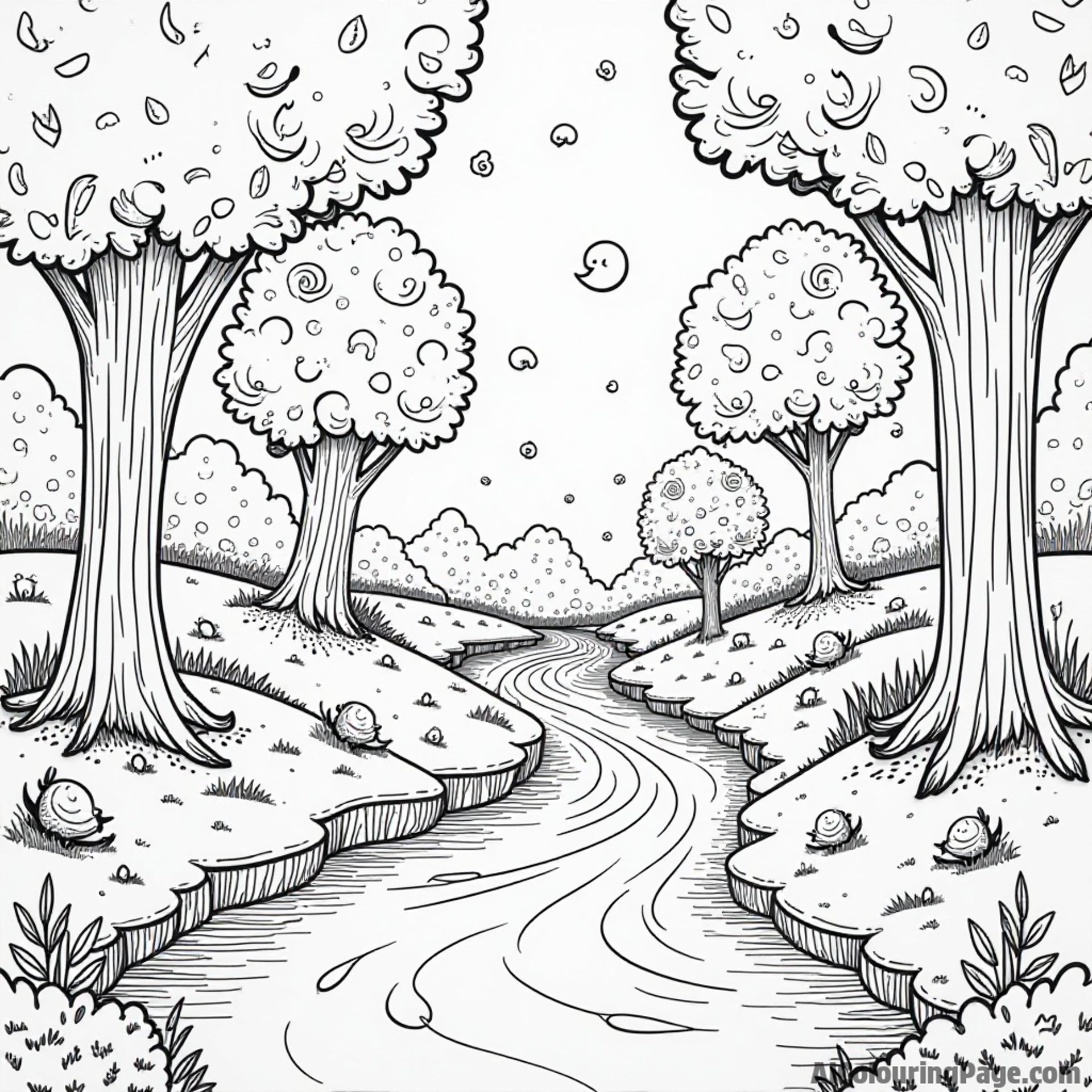 A magical forest scene with donut-shaped trees, fairy creatures, and a river made of chocolate syrup flowing through.