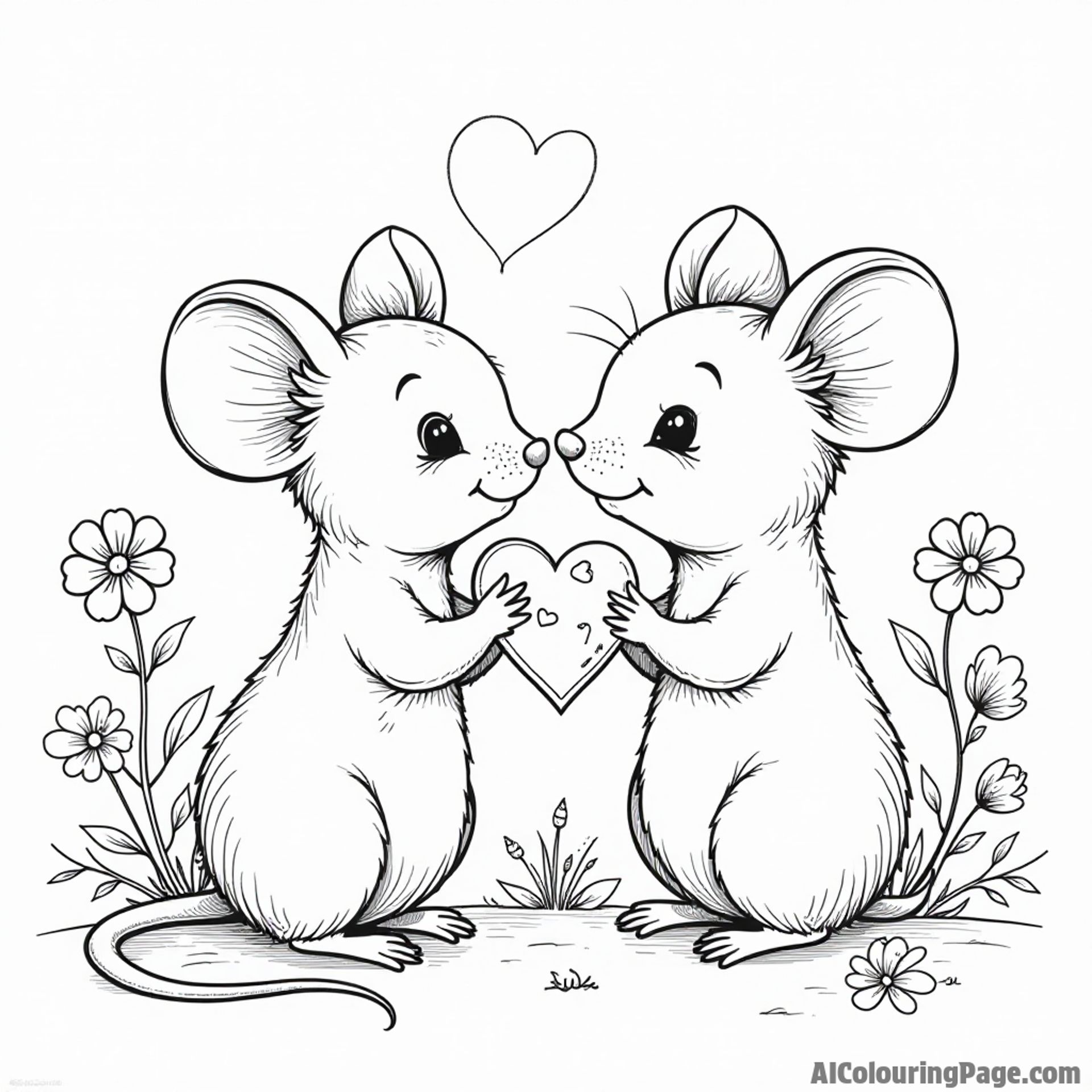 A pair of cartoon mice sharing a piece of cheese shaped like a heart while surrounded by flowers for Valentine’s Day