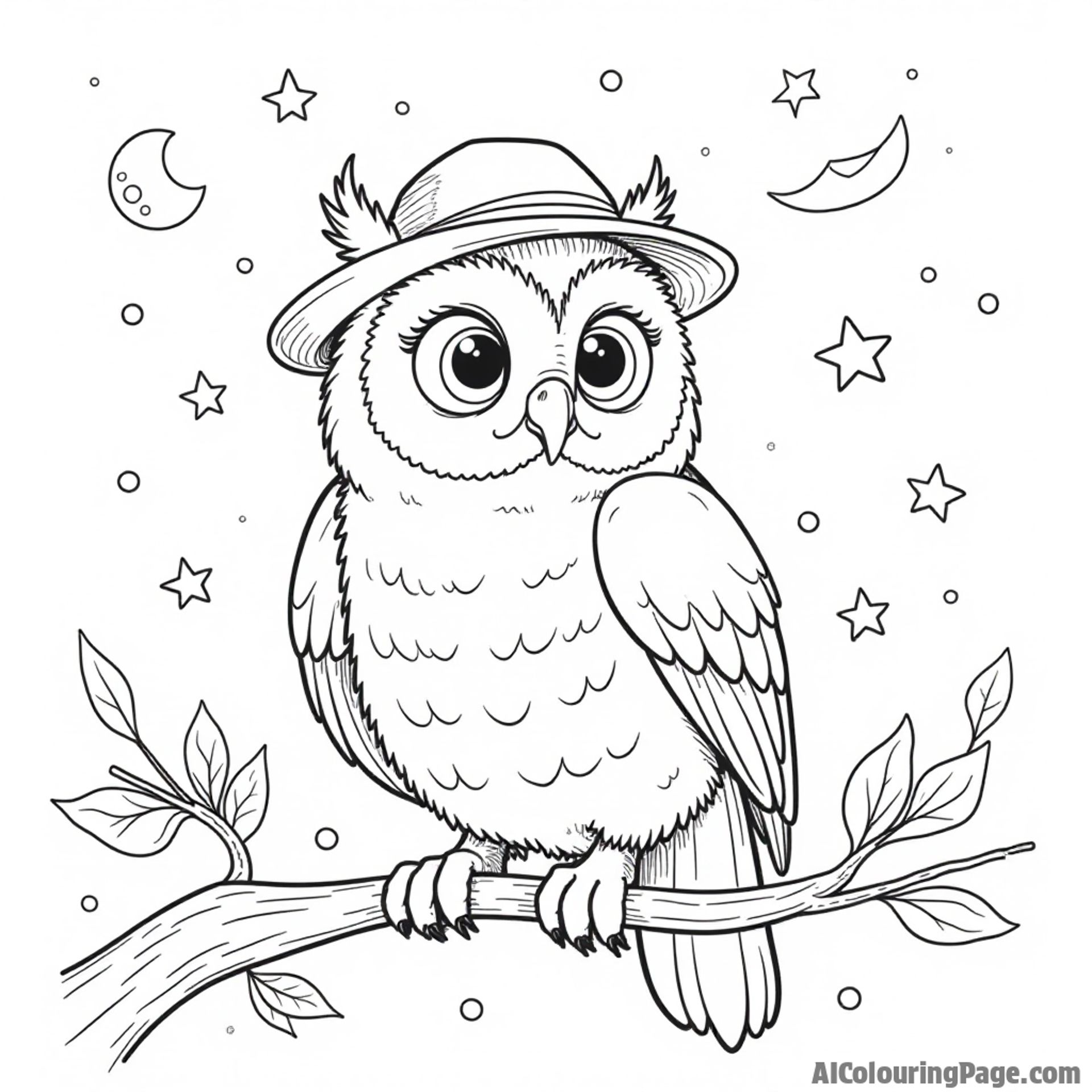 A curious owl wearing an explorer hat, perched on a branch, observing the night sky filled with stars and a crescent moon, perfect for a magical adventure coloring page.