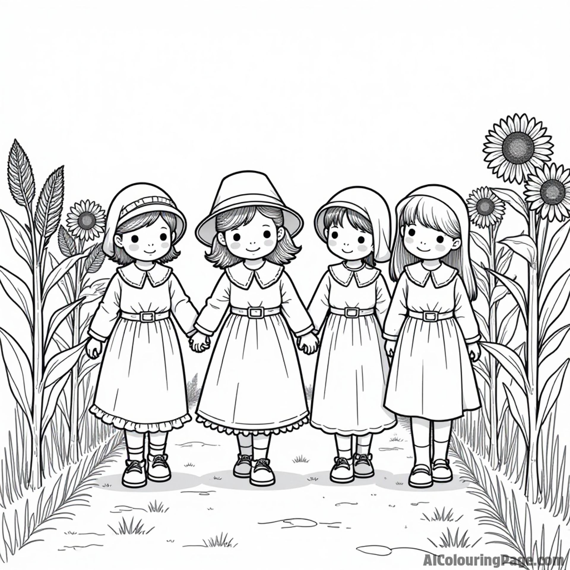 A group of children dressed in pilgrim outfits holding hands and walking through a field of corn and sunflowers