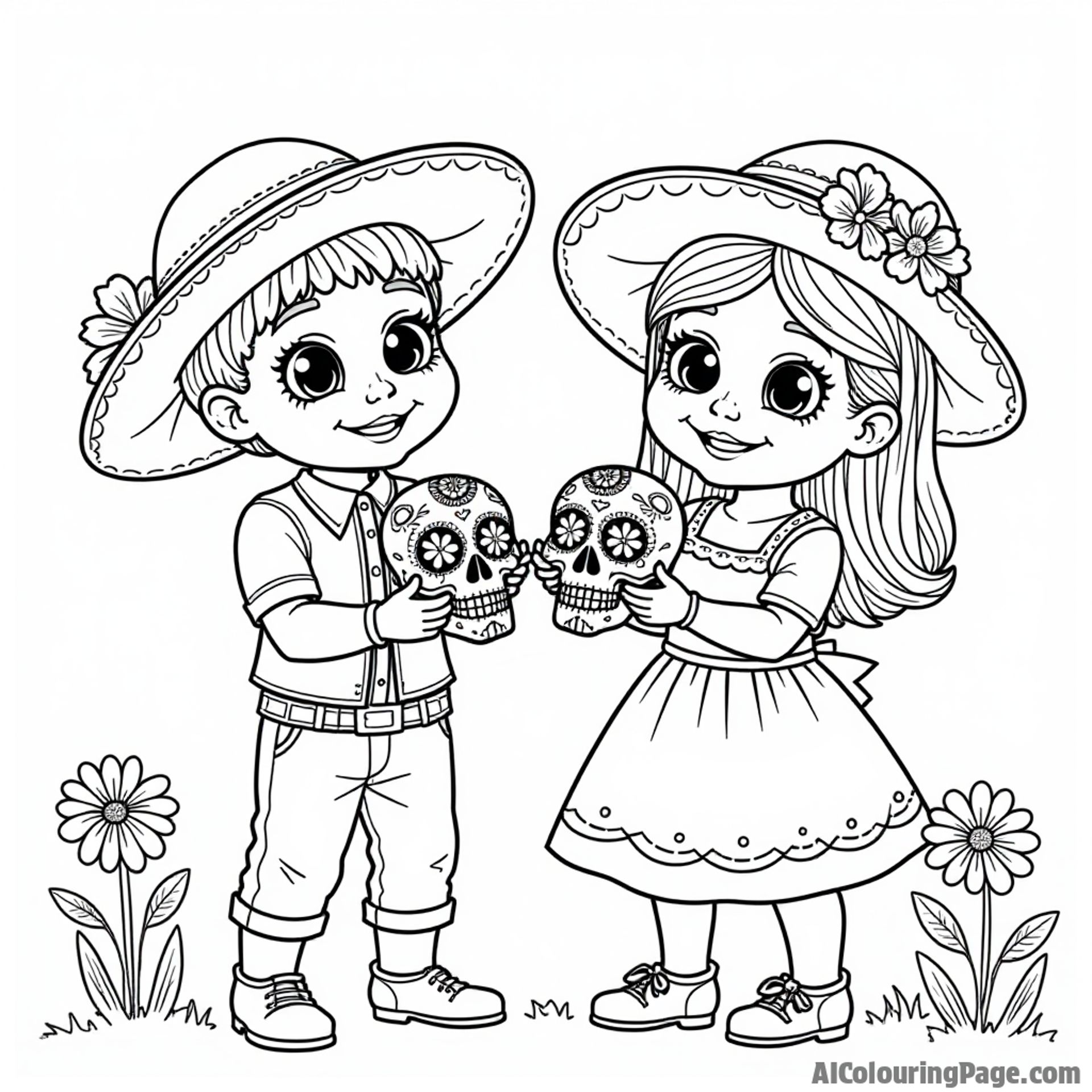 A festive scene with children dressed in traditional attire, holding sugar skulls and marigolds, celebrating Day of the Dead with joy, perfect for a fun coloring page experience.
