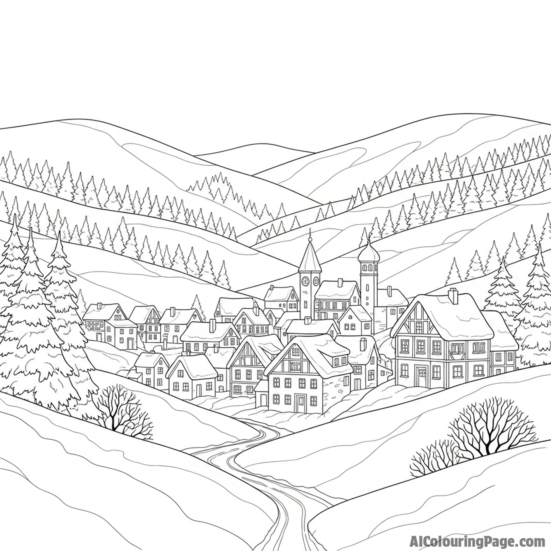 Small village nestled in a snowy valley, lights glowing in the windows.