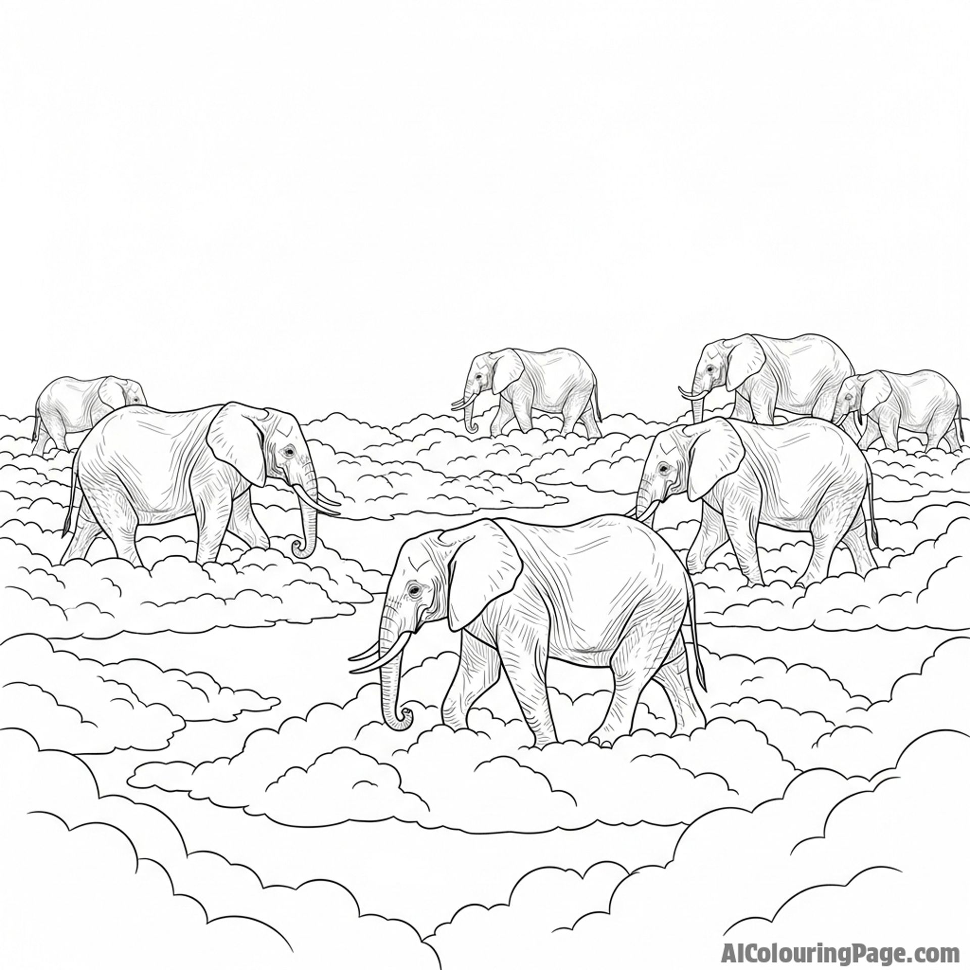 A surreal scene of elephants walking on clouds in the sky.