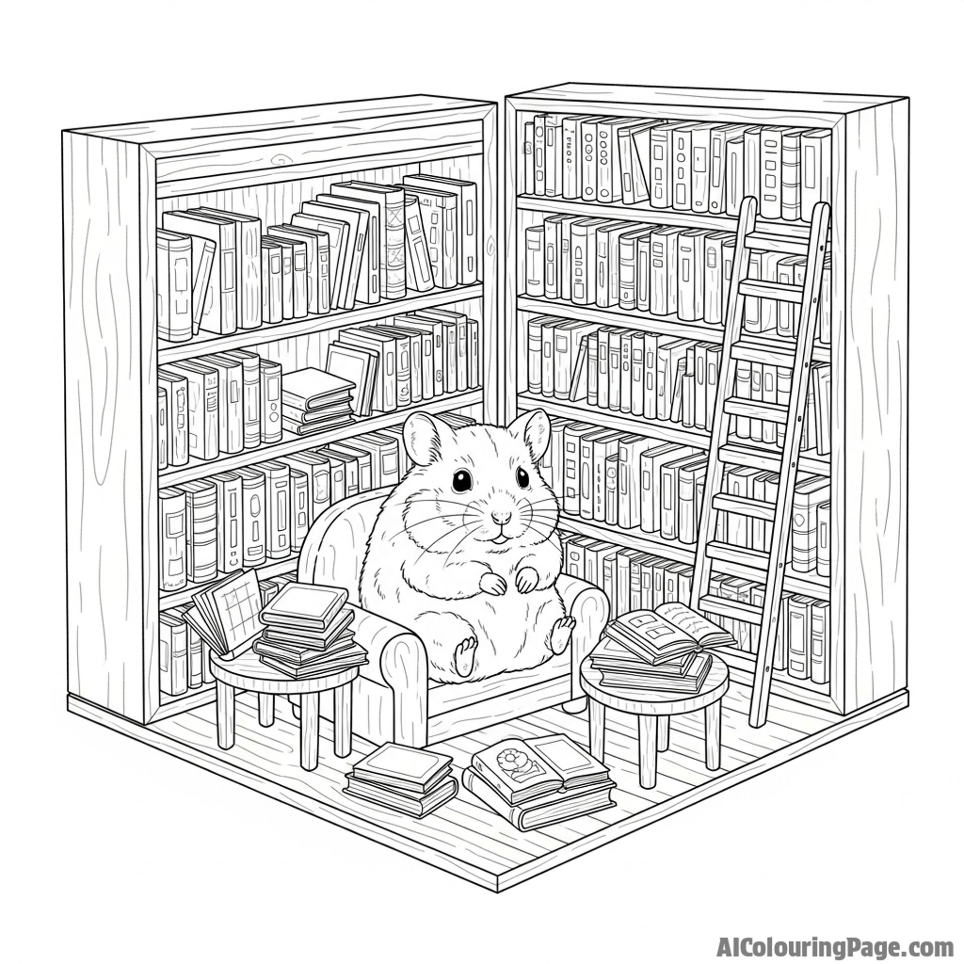 A hamster in a tiny library, surrounded by miniature books