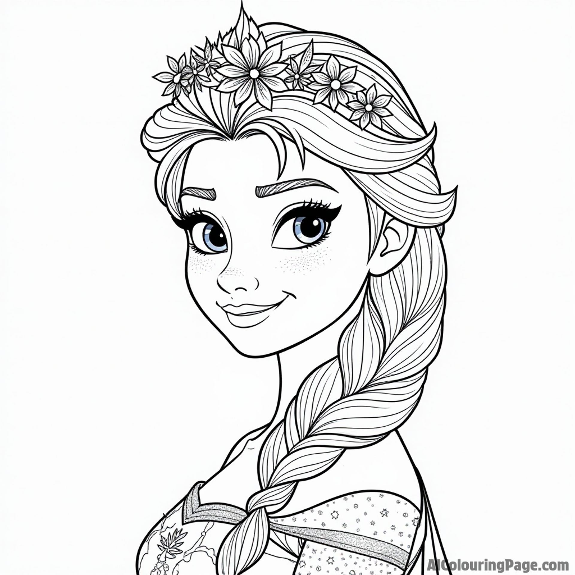 Elsa wearing a crown made of ice flowers and snowflakes