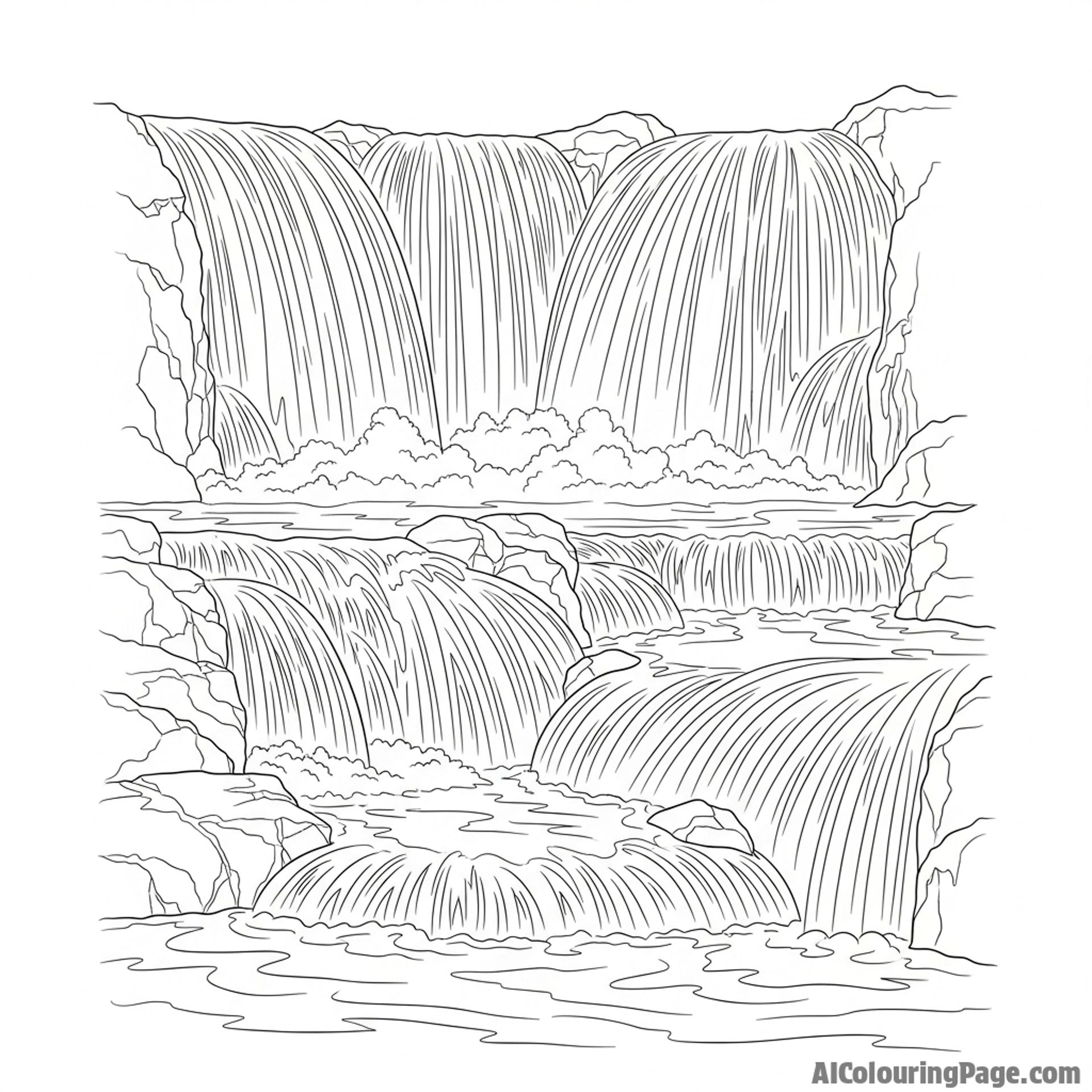 A complex waterfall with multiple streams merging into one.