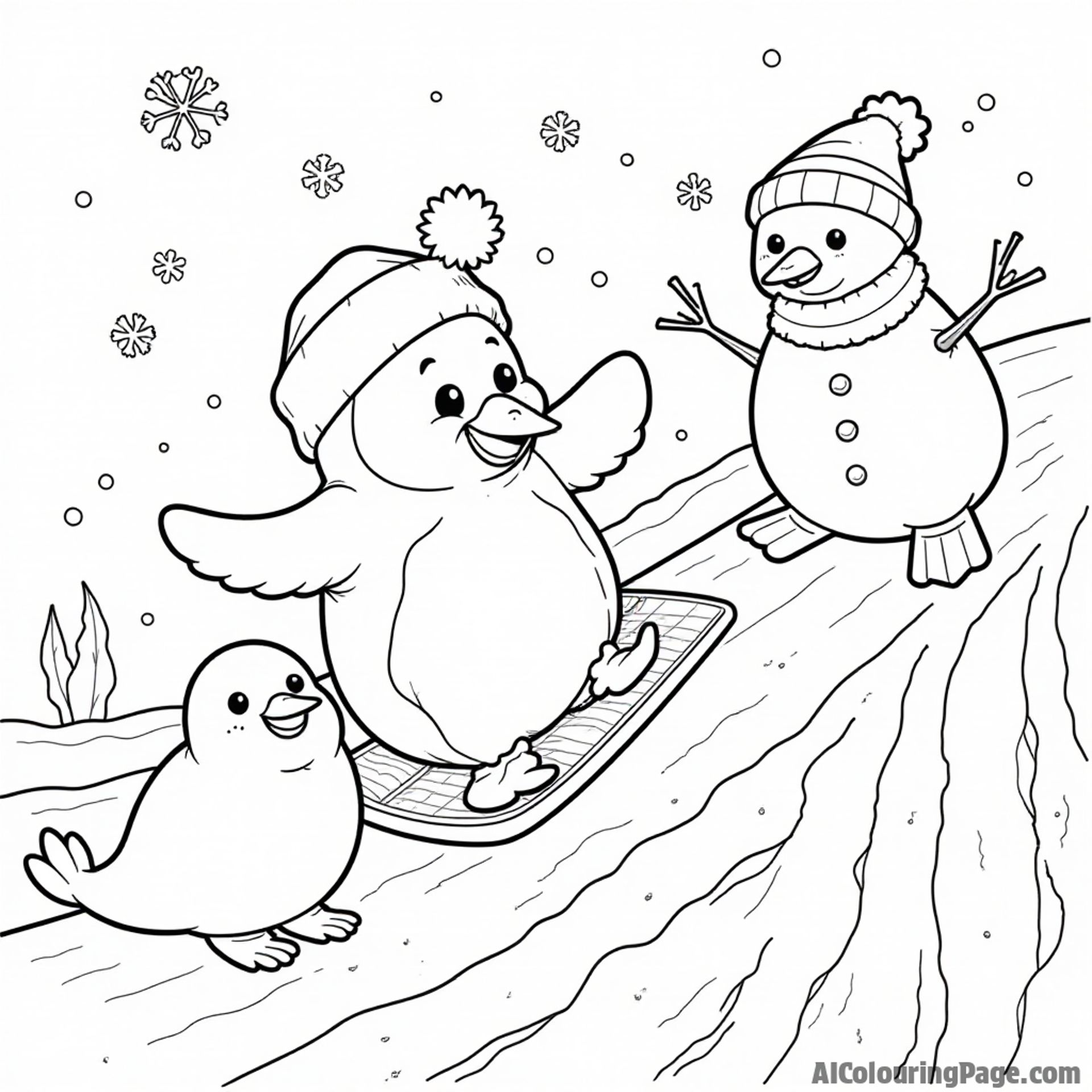 A cheerful penguin sliding down an icy hill with a snowflake falling, surrounded by a playful seal and a snowman.
