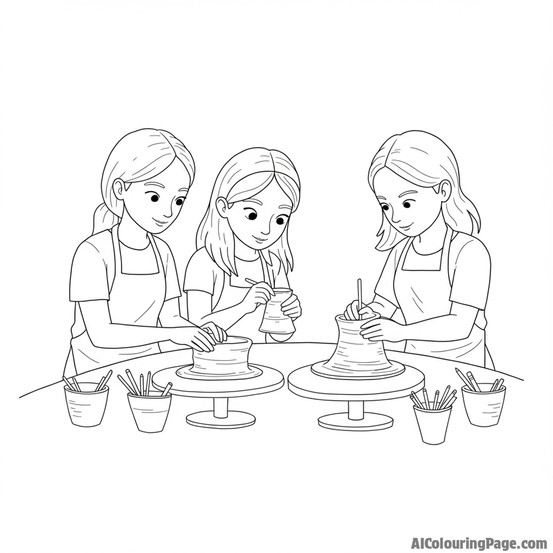 Girls participating in a pottery class, focused and creating together.