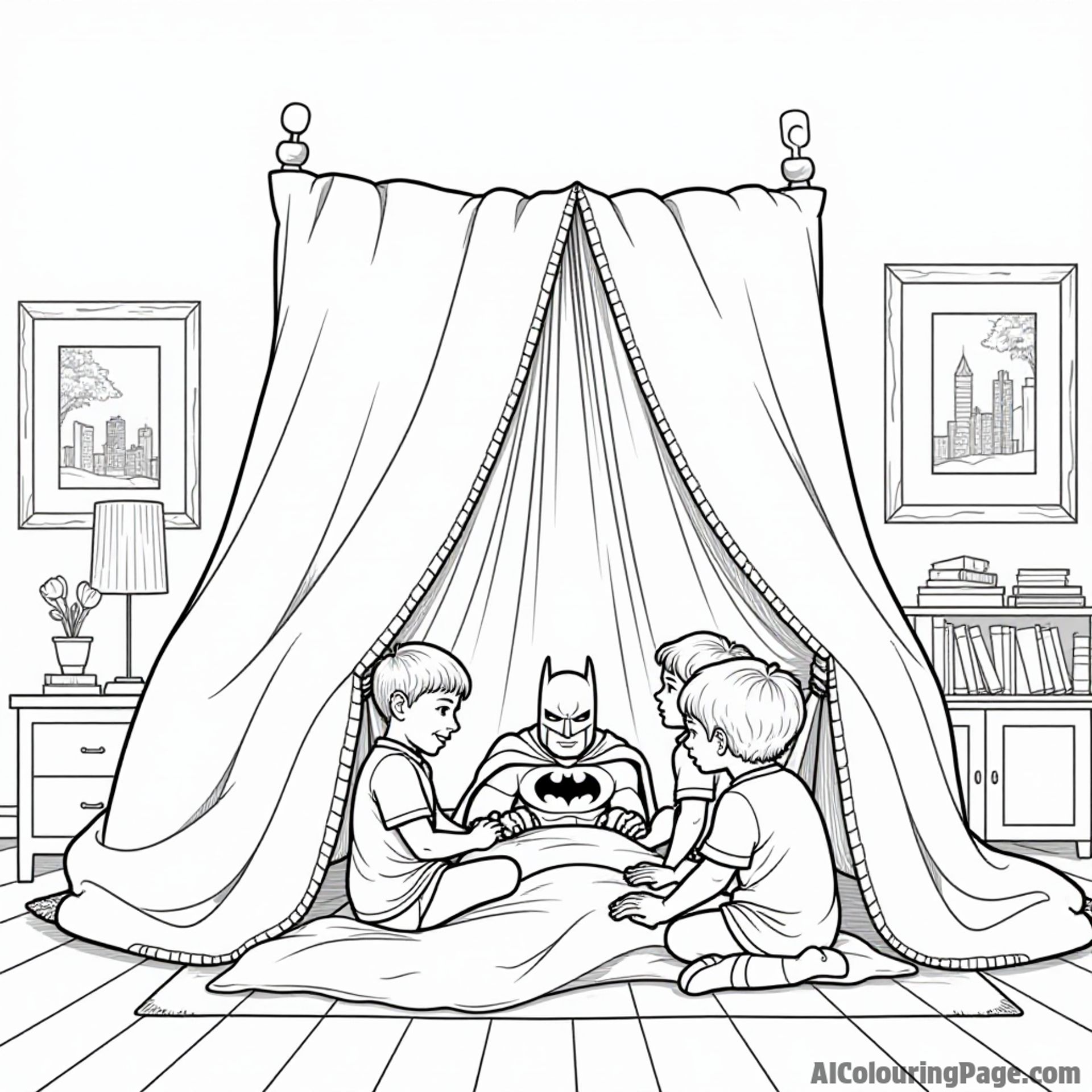 Batman and a group of children building a fort out of blankets and pillows in a cozy living room.