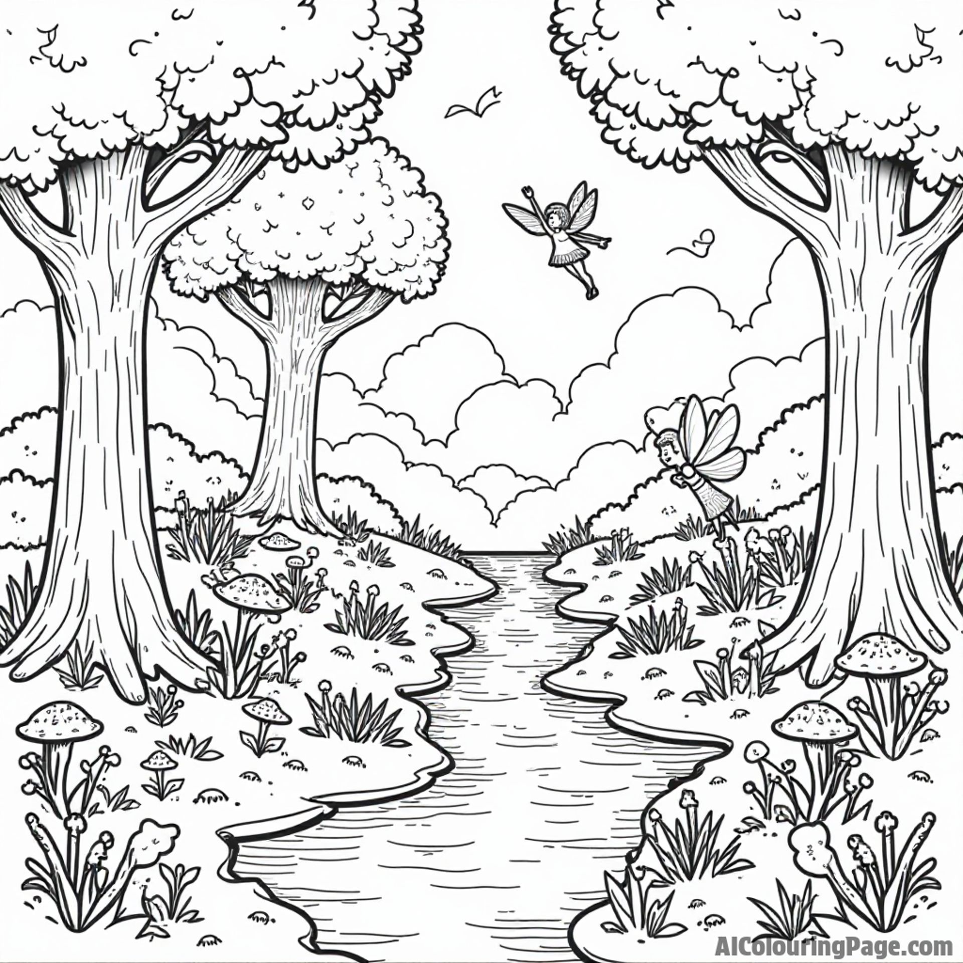 A LEGO magical forest with fairies flying around, mushrooms, and a sparkling river flowing through the trees.