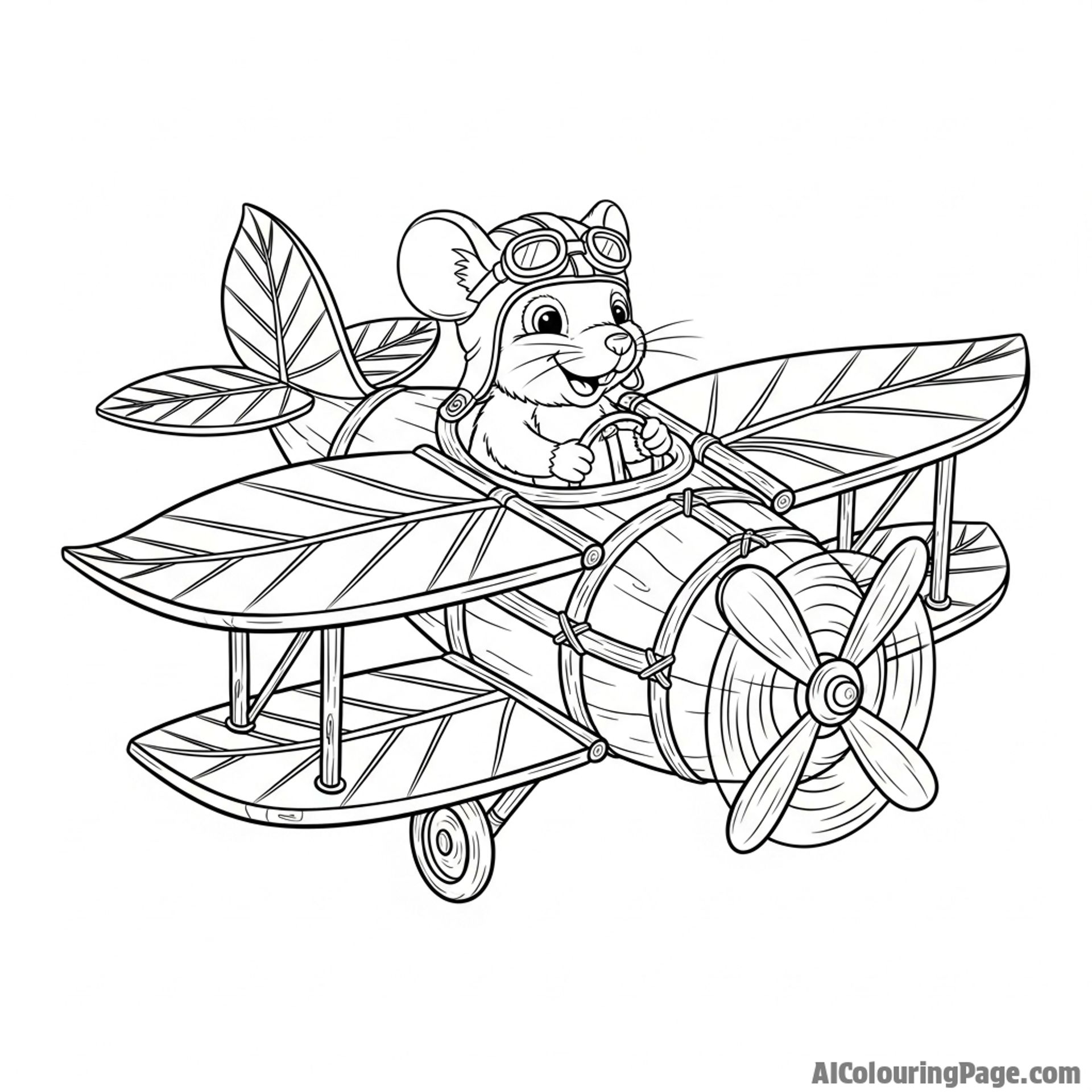 A mouse pilot flying a biplane constructed from twigs and leaves.