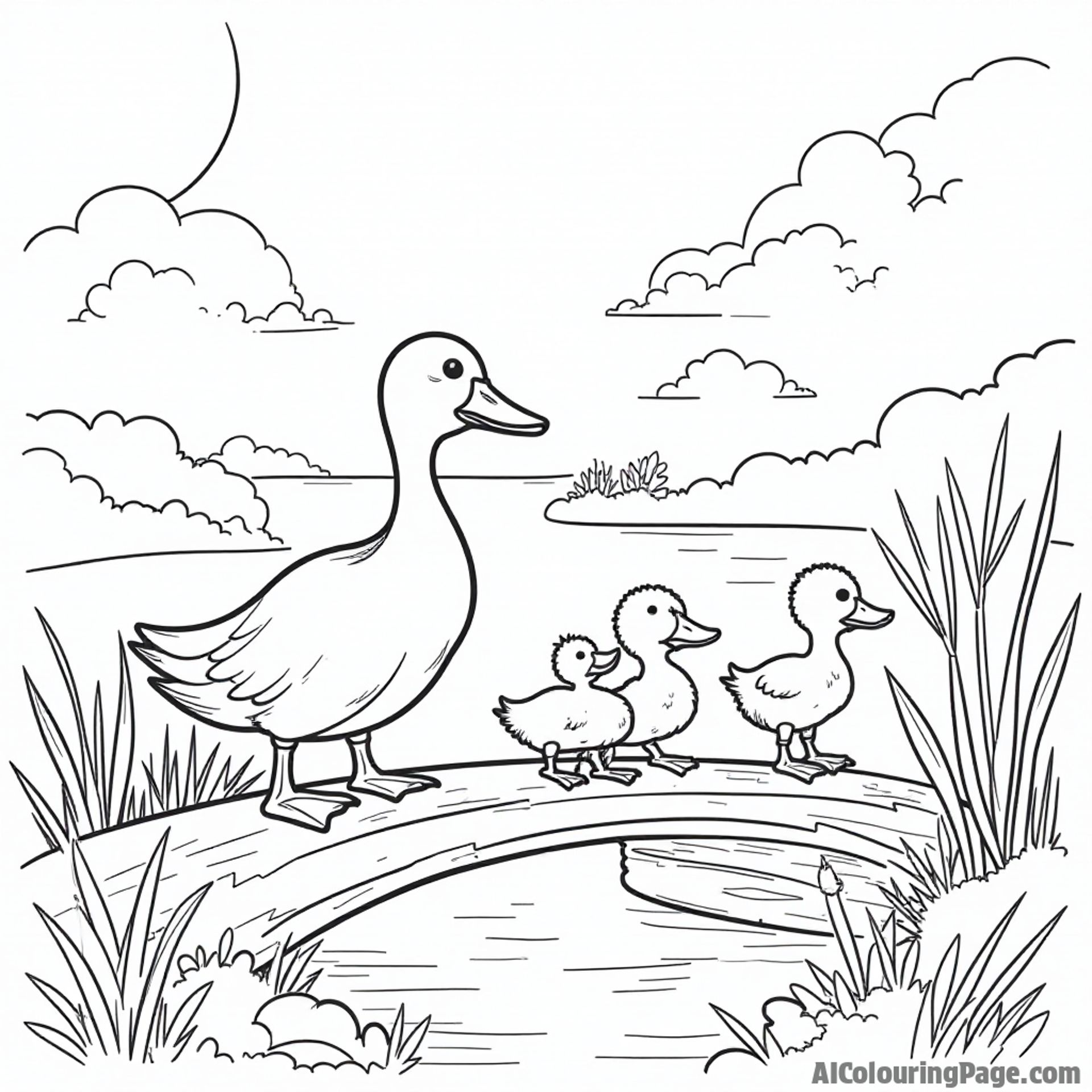 A mother duck leading her ducklings across a bridge with a beautiful sunset in the background.