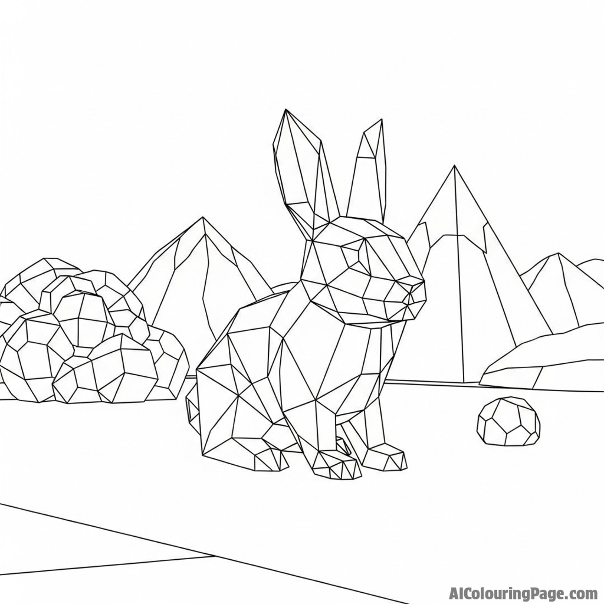 A low-poly 3D render of a geometric bunny in a minimalist landscape.