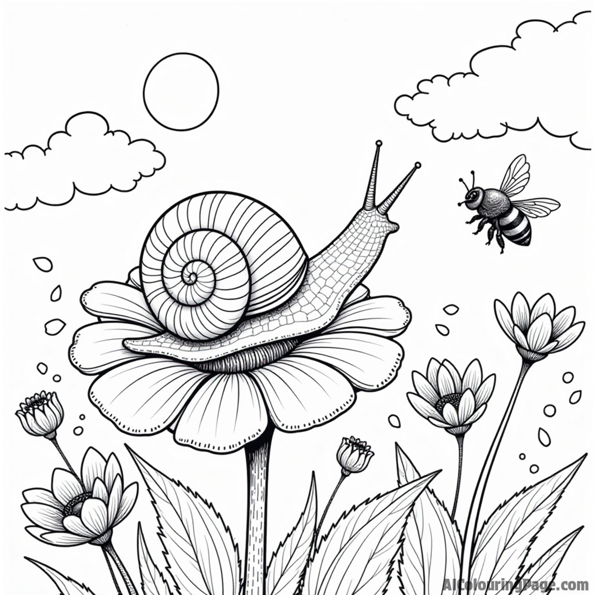 A snail perched on a flower petal, with a tiny bumblebee buzzing nearby and a bright blue sky above.