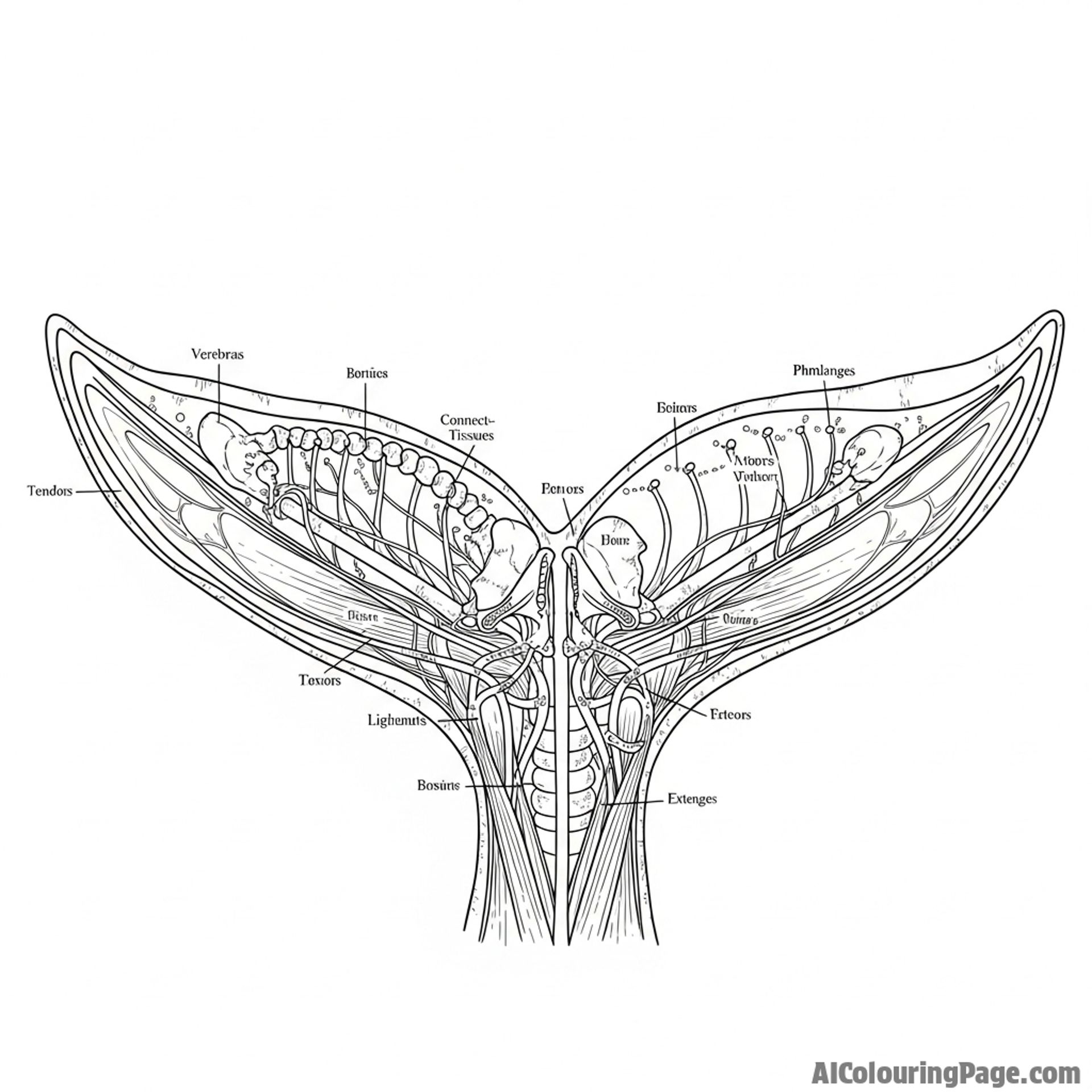 A detailed scientific illustration detailing the complex anatomy of a dolphin’s fluke.