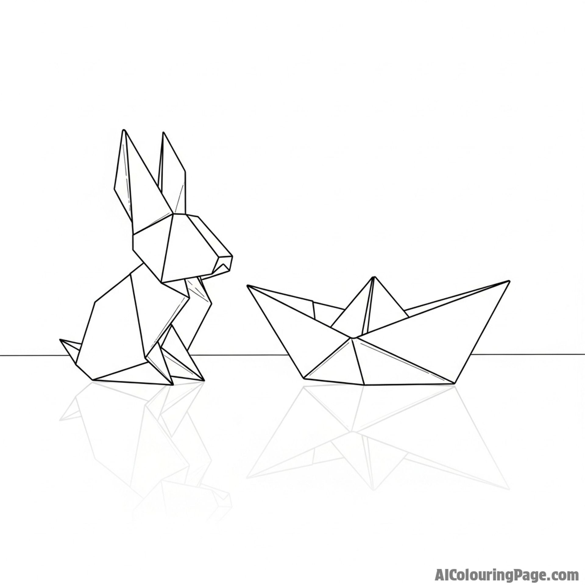 An origami bunny sitting next to a folded paper boat on a reflective surface.
