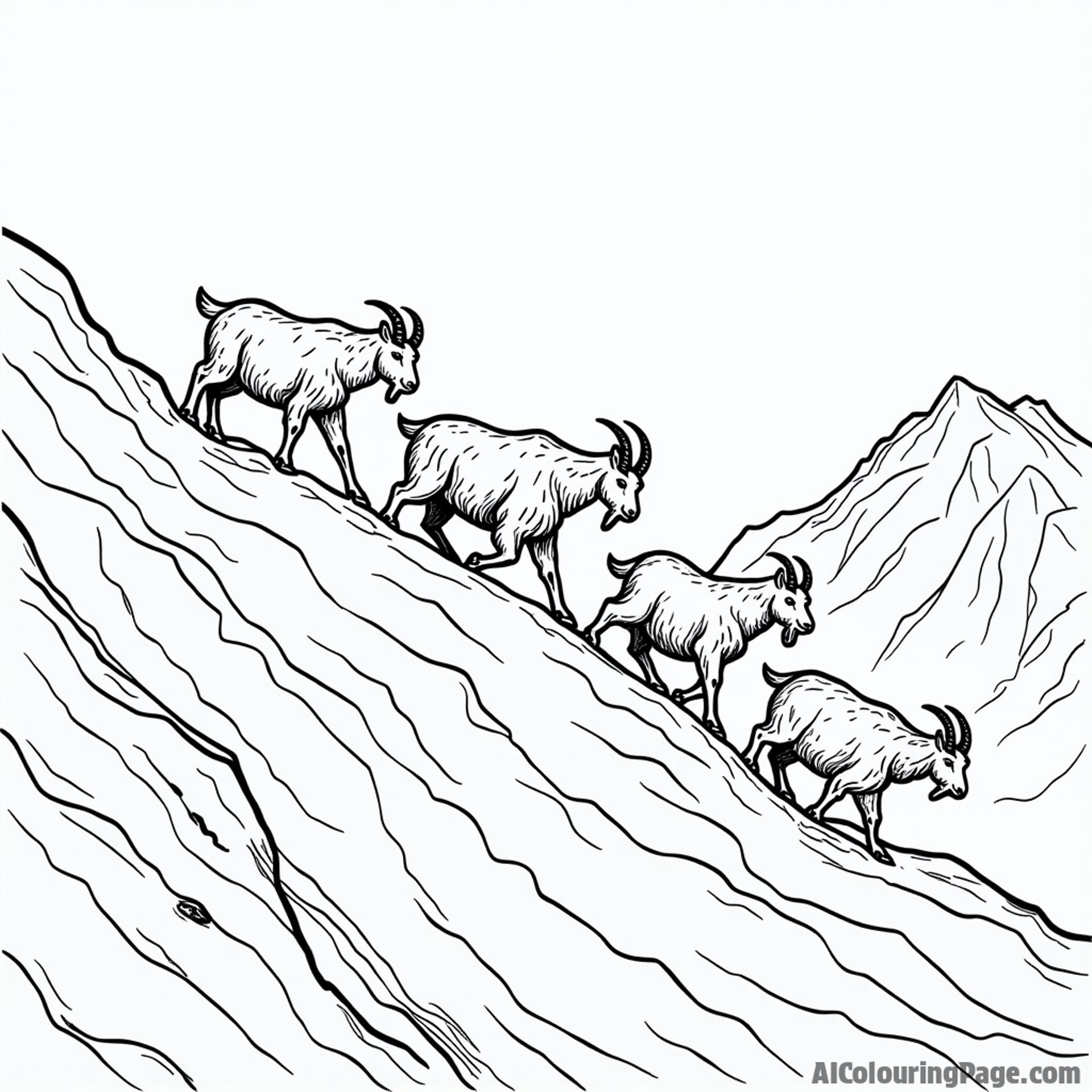 A herd of mountain goats navigating a steep, rocky slope.