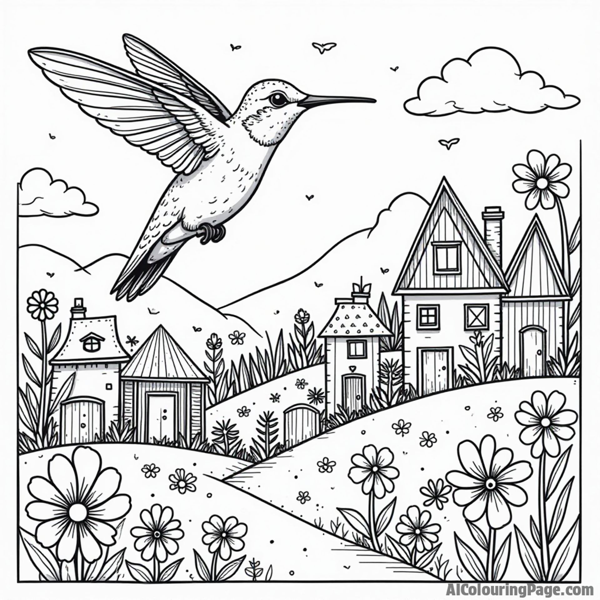 A hummingbird zipping through a whimsical village filled with tiny houses and cheerful flowers.