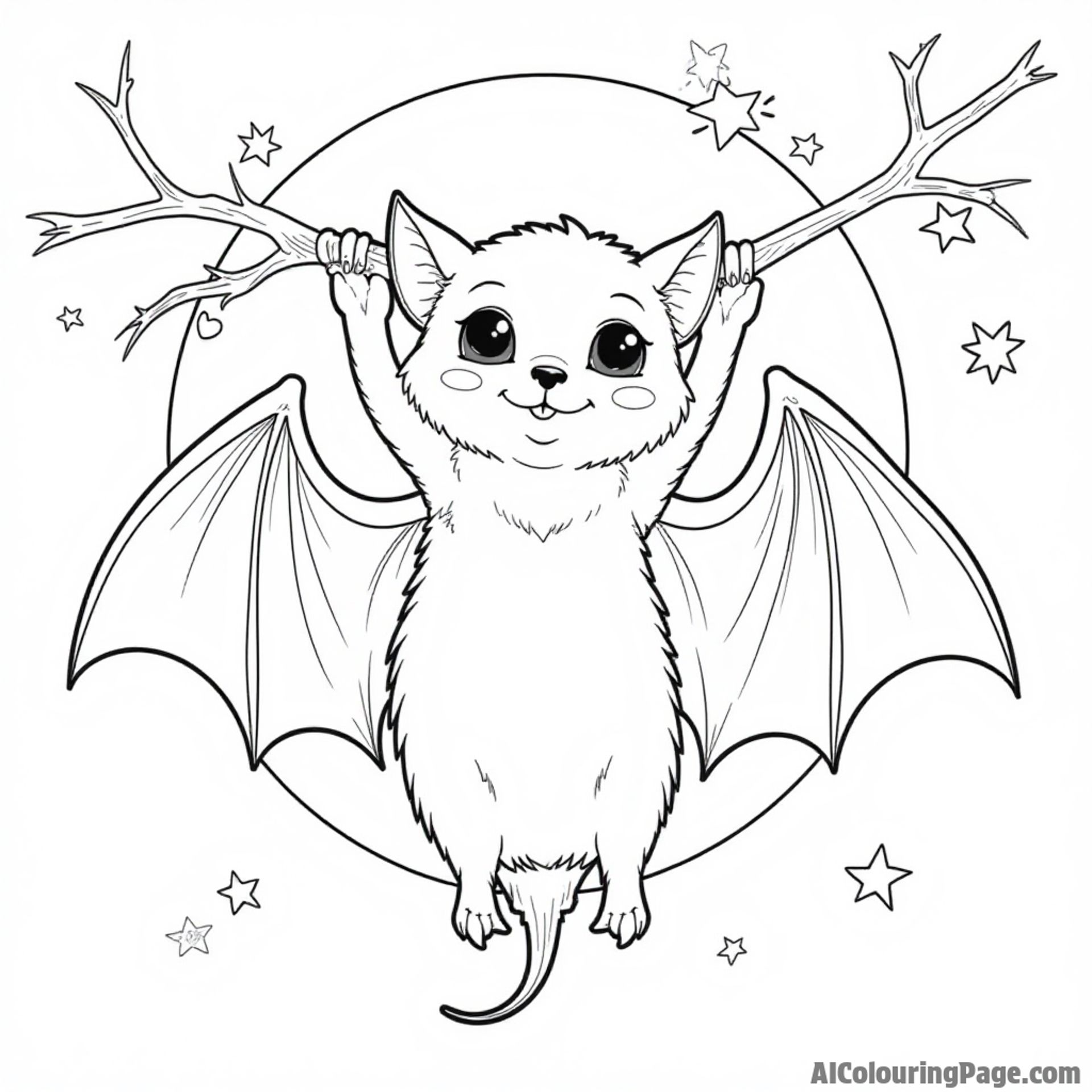 An adorable vampire bat hanging upside down from a branch with a full moon and stars in the background.