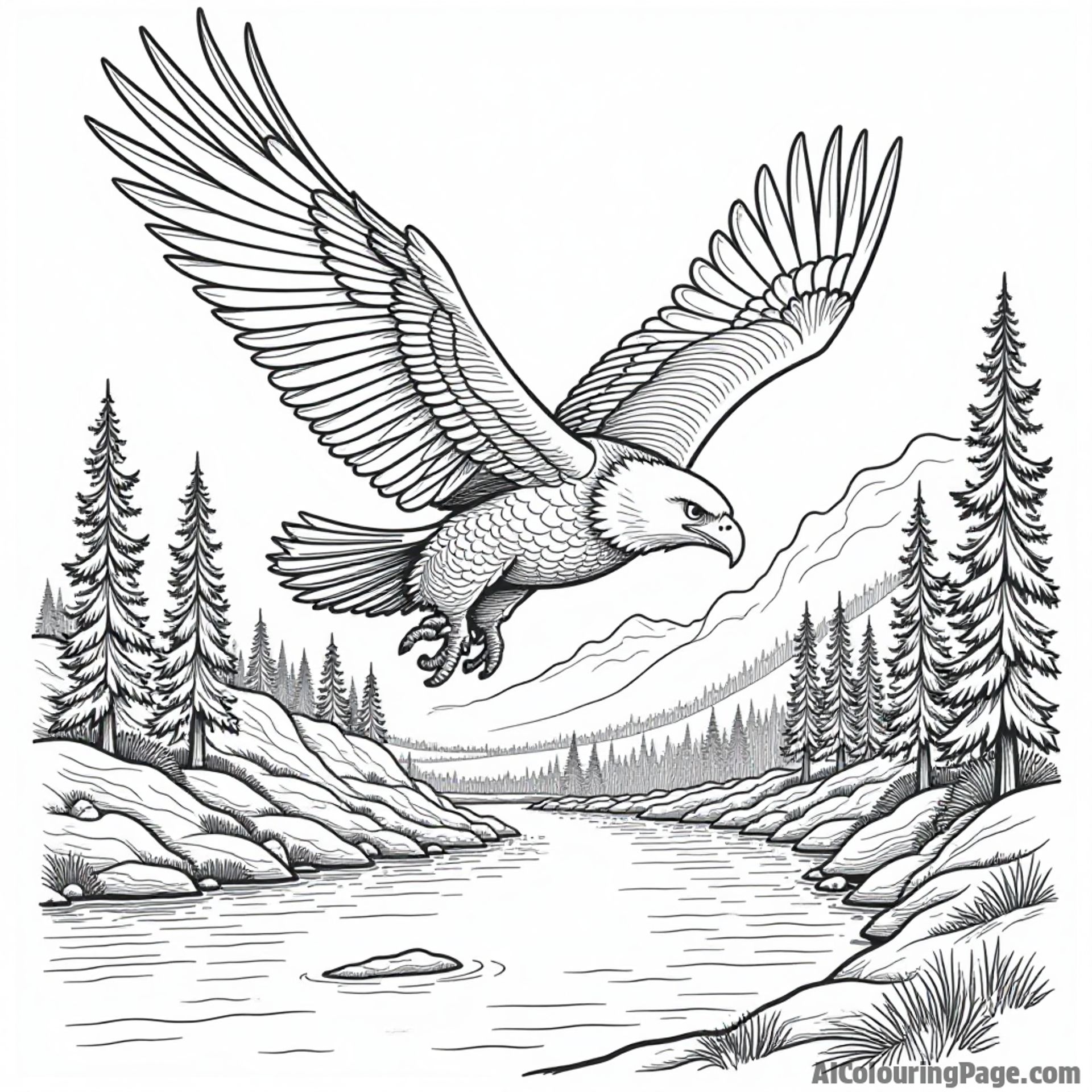A majestic bald eagle soaring over a Wyoming river, with rocky cliffs and pine trees lining the banks below.
