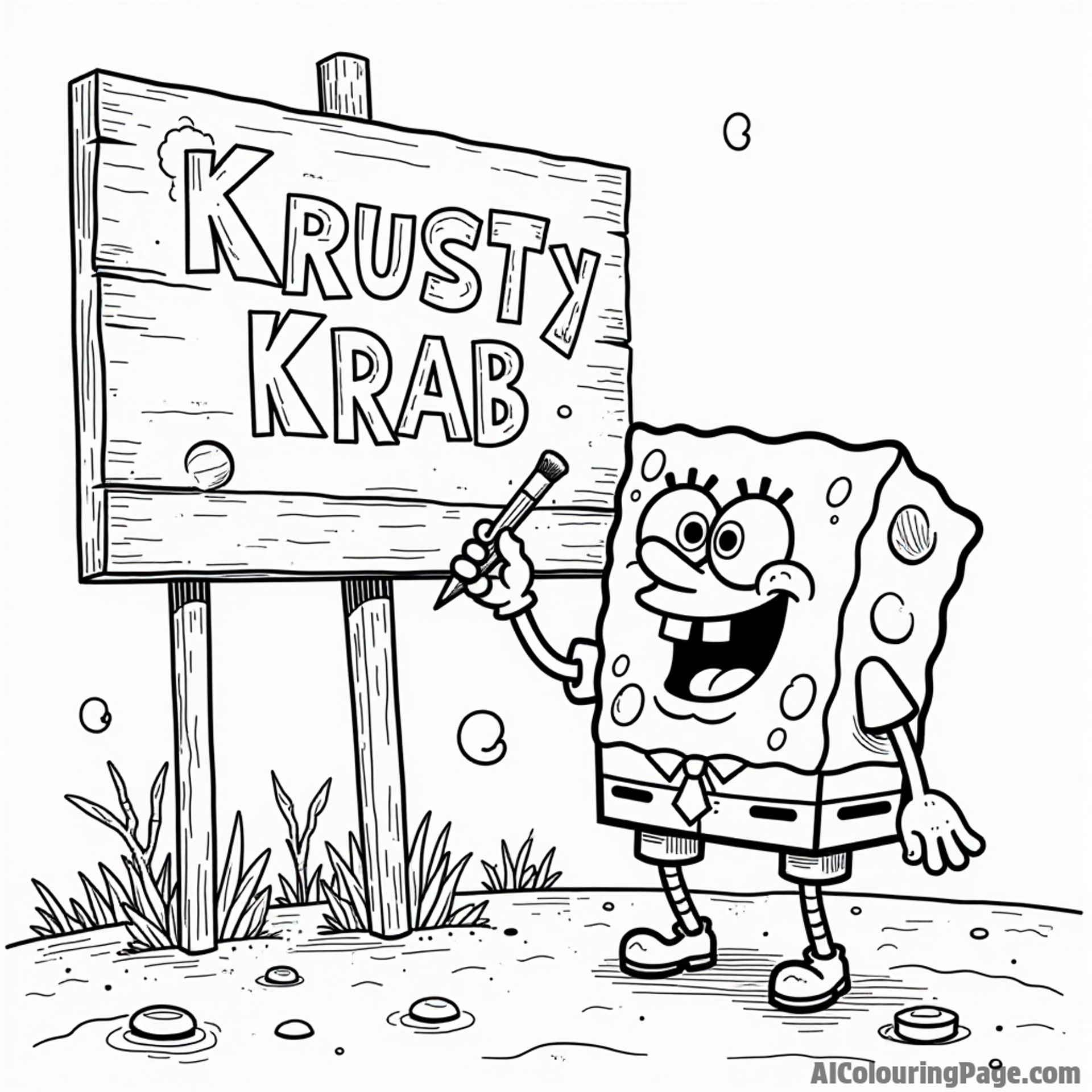 Mr. Krabs working on a big sign for the Krusty Krab while SpongeBob paints it with bright colors and enthusiasm