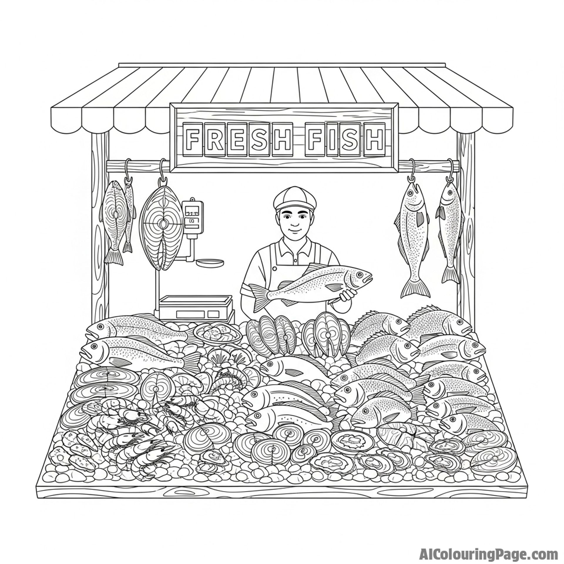 A fishmonger’s stall, displaying a variety of fresh fish on a bed of ice.