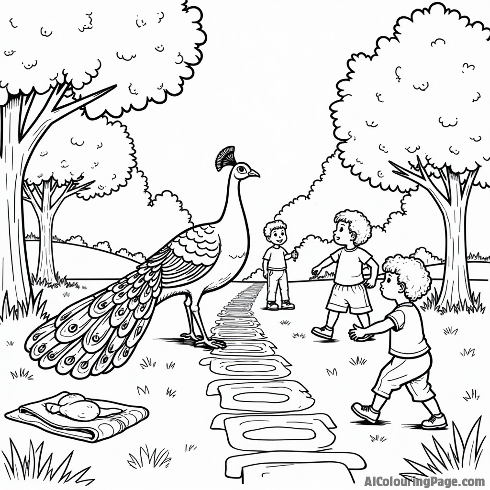 A peacock playing hopscotch with children in a sunny park, surrounded by trees and picnic blankets