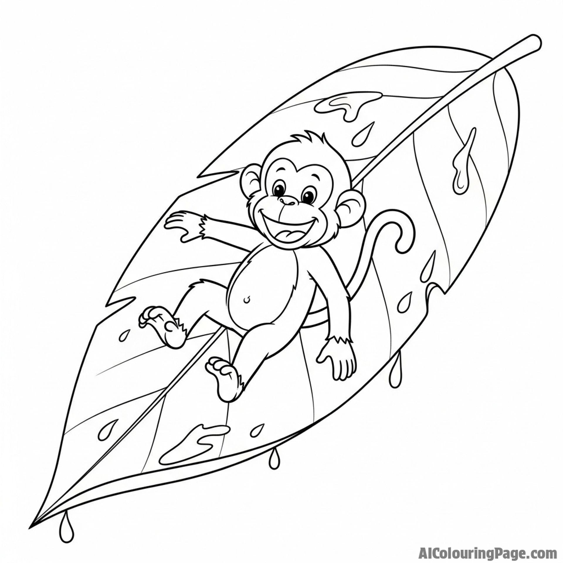 A monkey joyfully sliding down a large, slick leaf after a rain shower.
