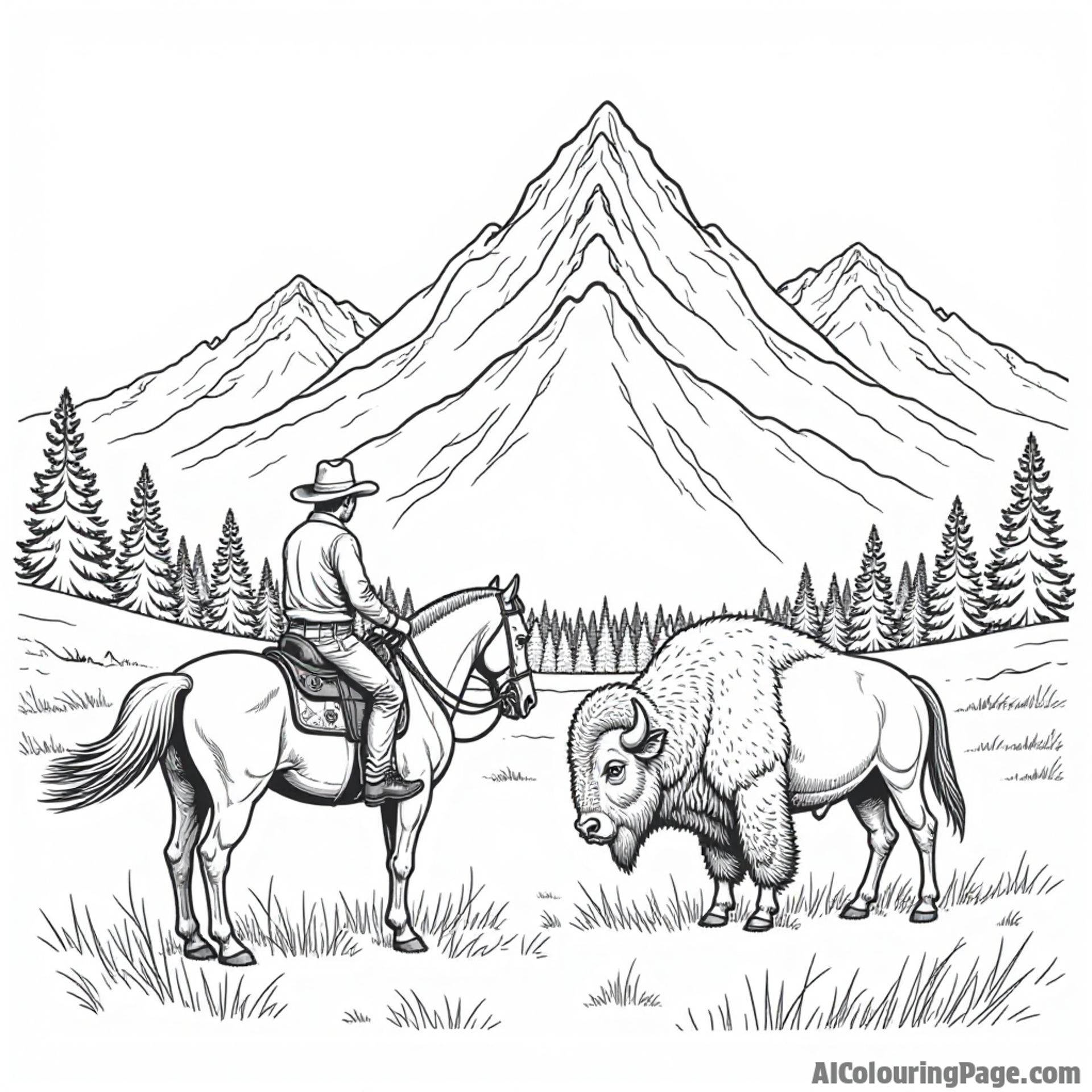 Montana mountain range with a cowboy riding a horse and a bison grazing in the foreground, perfect for coloring activities.