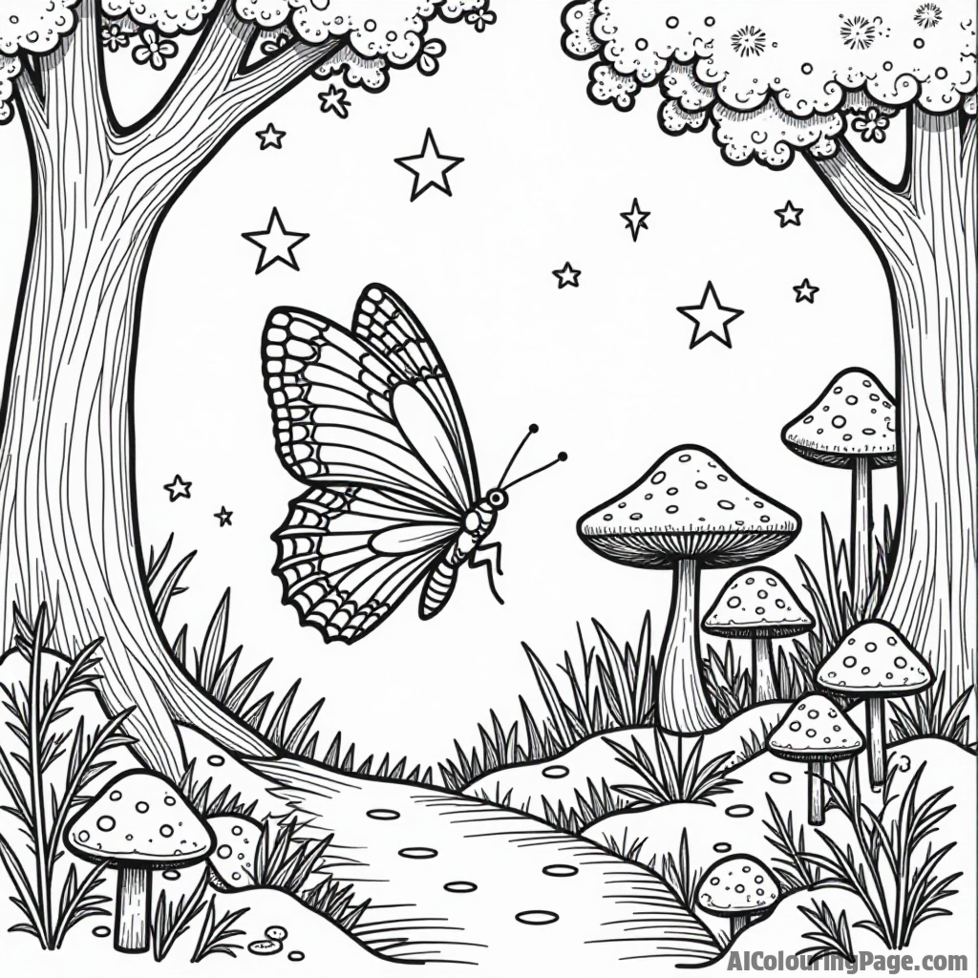 A butterfly exploring a magical forest filled with mushrooms and sparkling stars, all outlined for creative coloring fun.