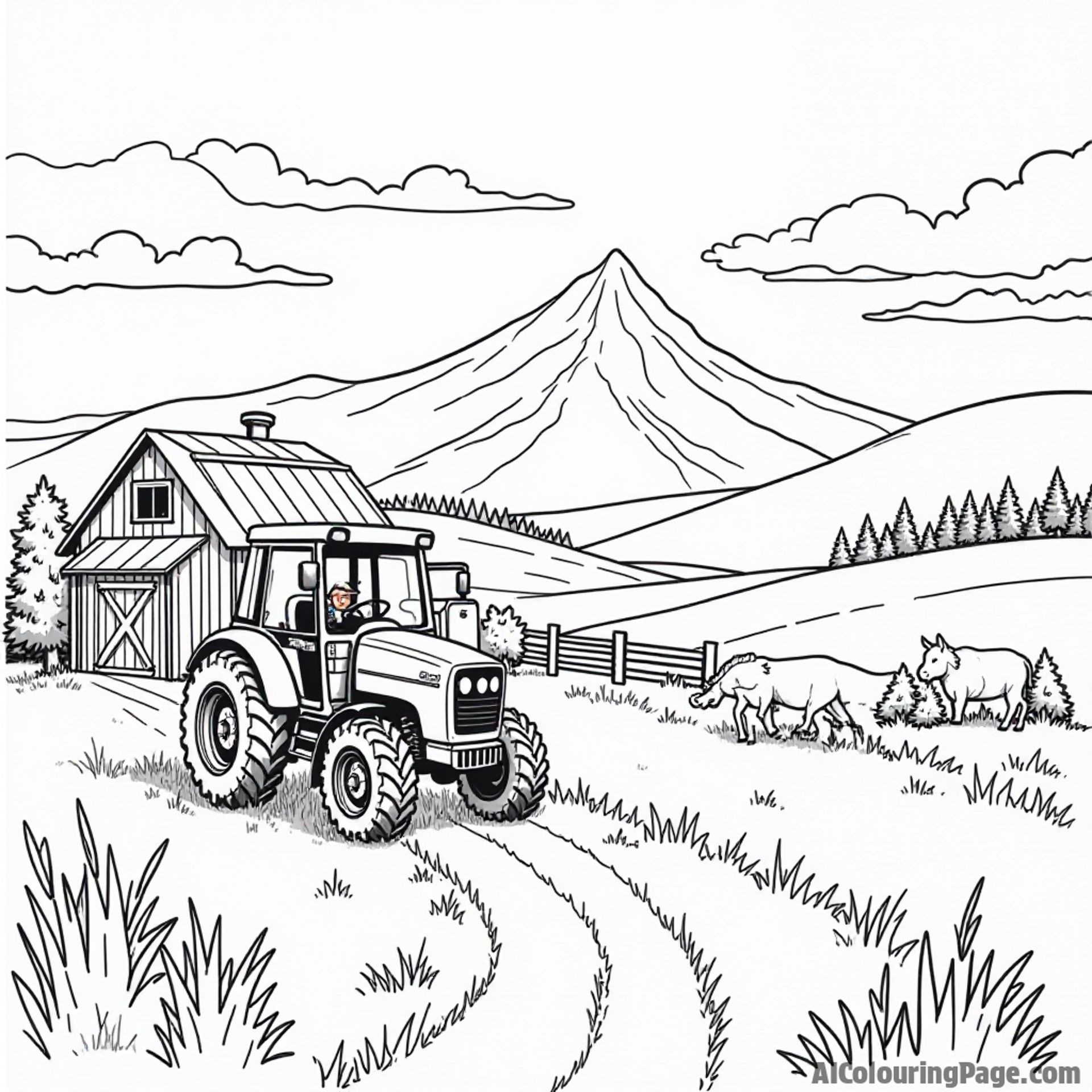 A picturesque Montana ranch setting with a barn, a tractor, and rolling hills, inviting children to explore their creativity.