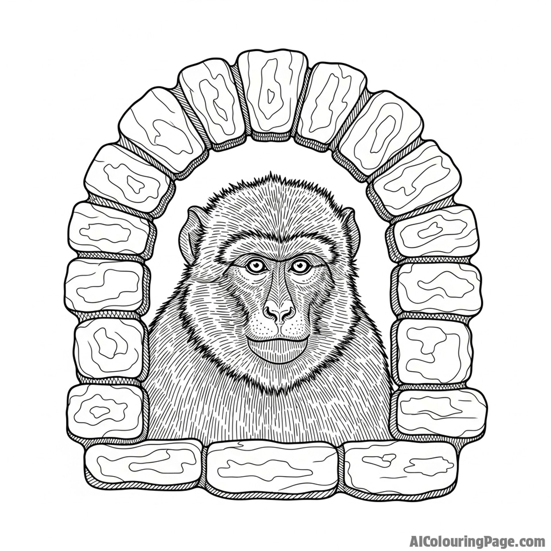 A detailed etching of a Barbary ape looking out from a stone archway.