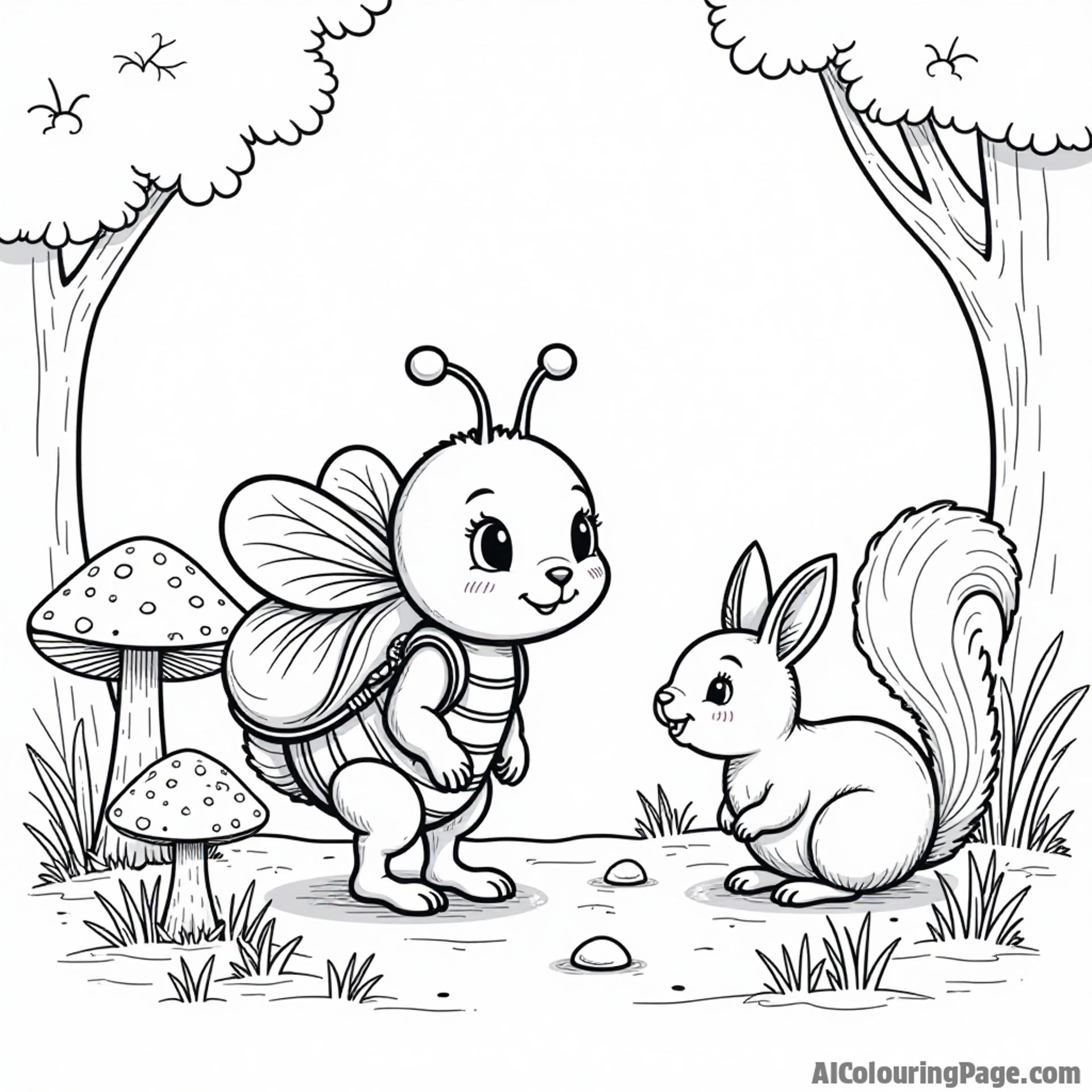 A bee wearing a tiny backpack, exploring the forest floor with a rabbit and a squirrel, surrounded by mushrooms.