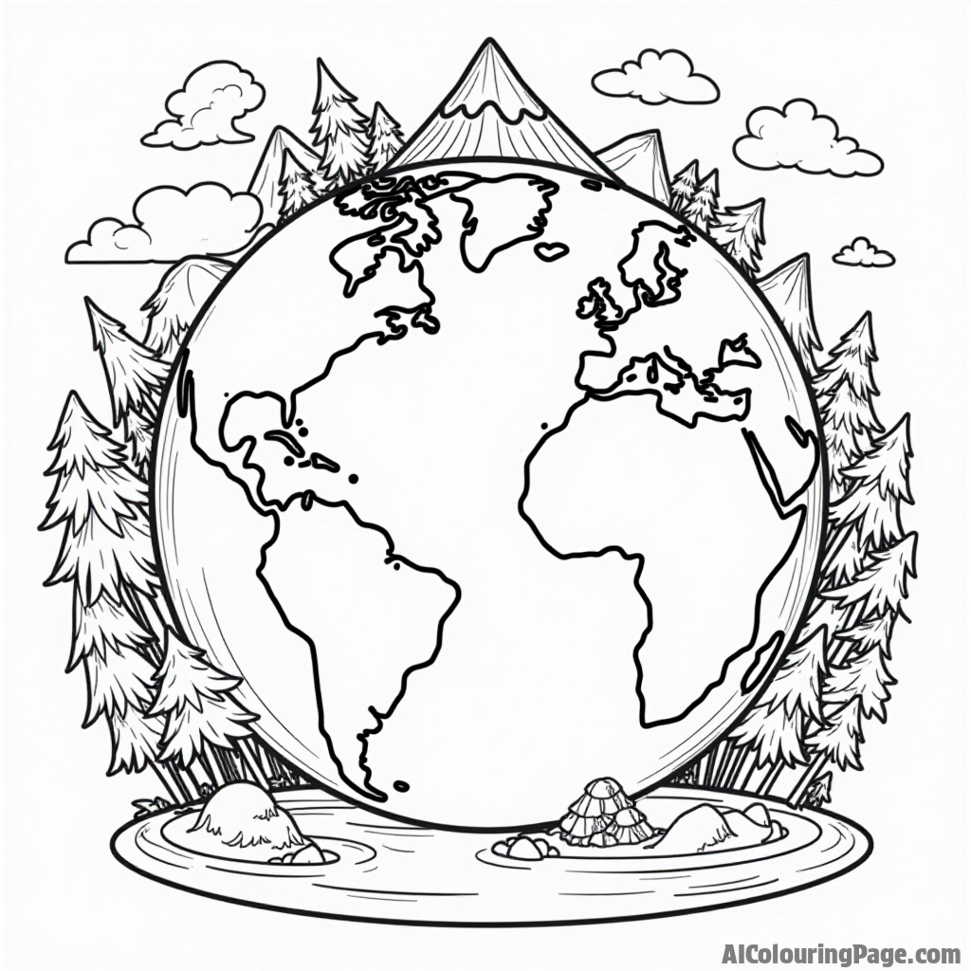 A cheerful globe surrounded by trees, mountains, and rivers, showcasing diverse landscapes for children to color and explore geography.