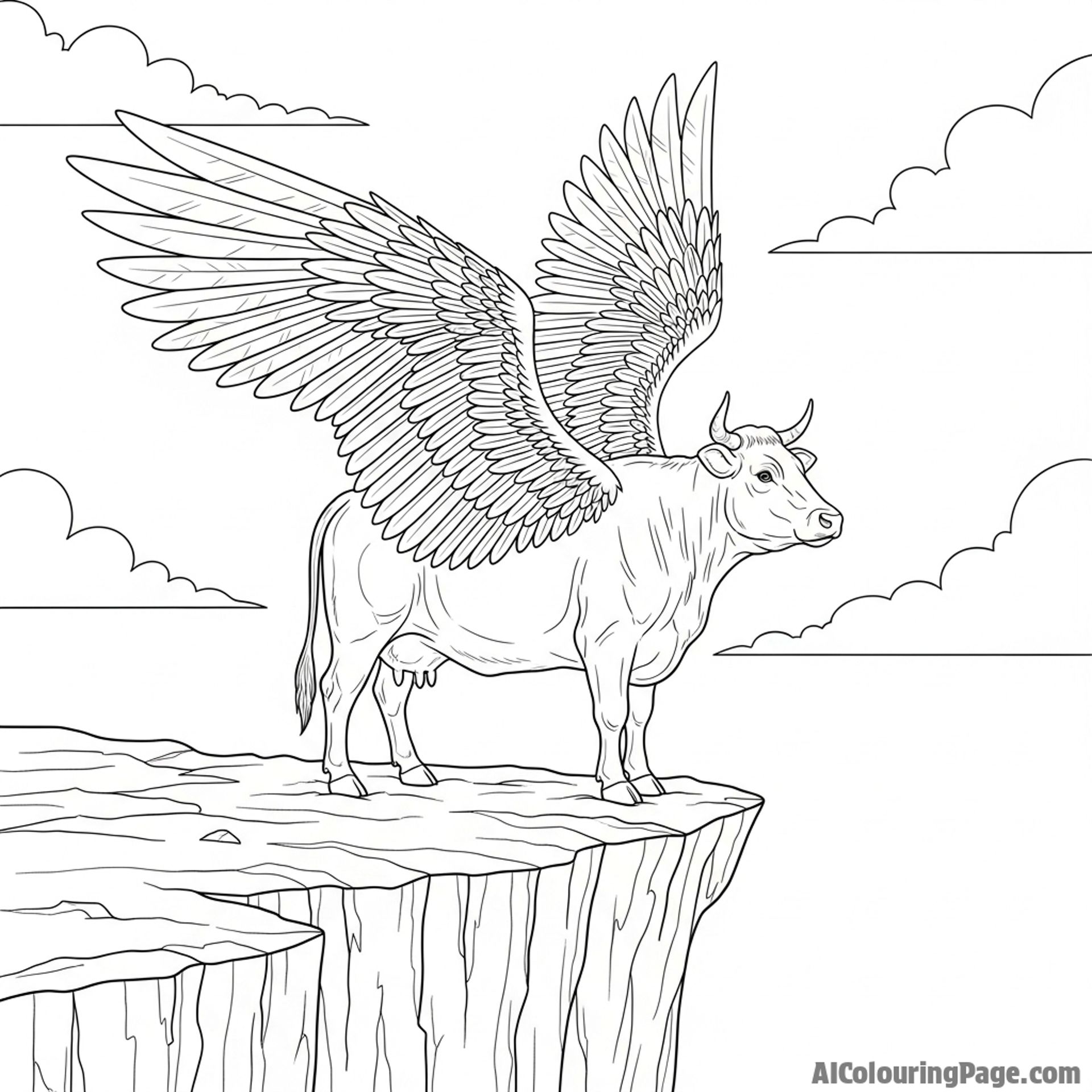 A cow with magnificent, feathery wings, gracefully perched on a high cliff edge.
