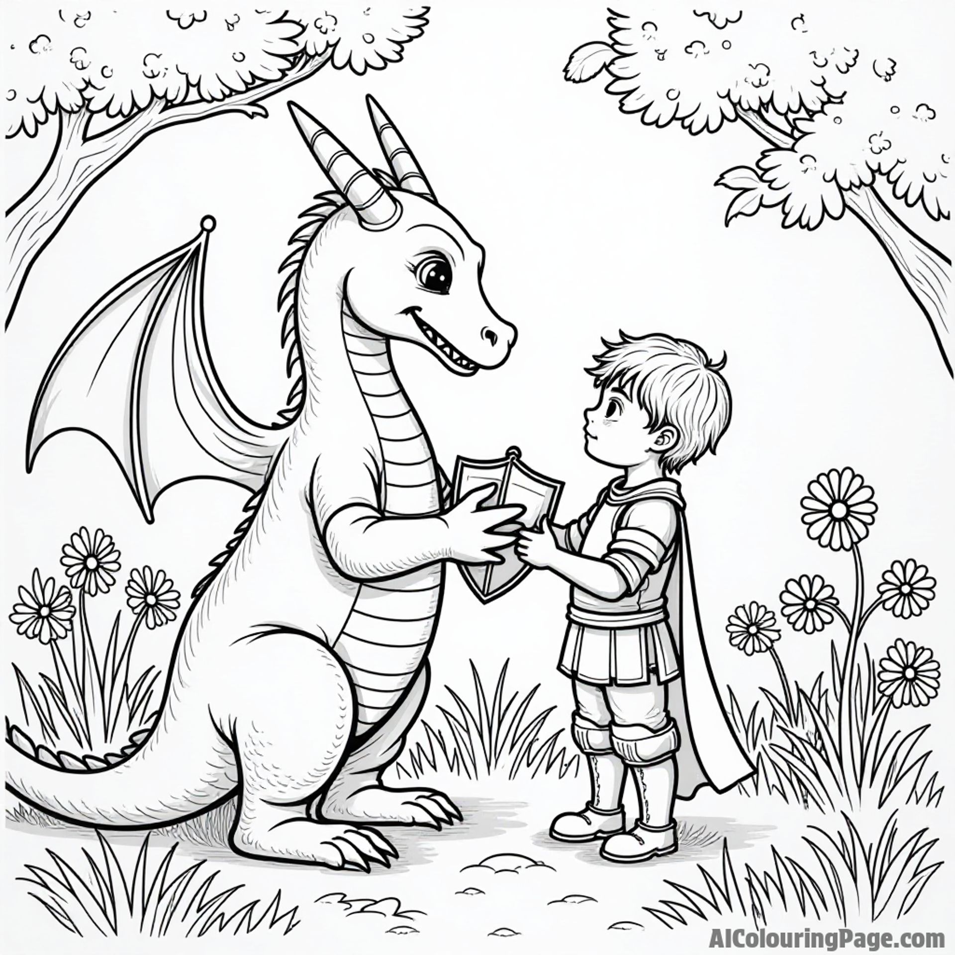 A dragon helping a young knight polish his armor in a sunny garden filled with blooming flowers.