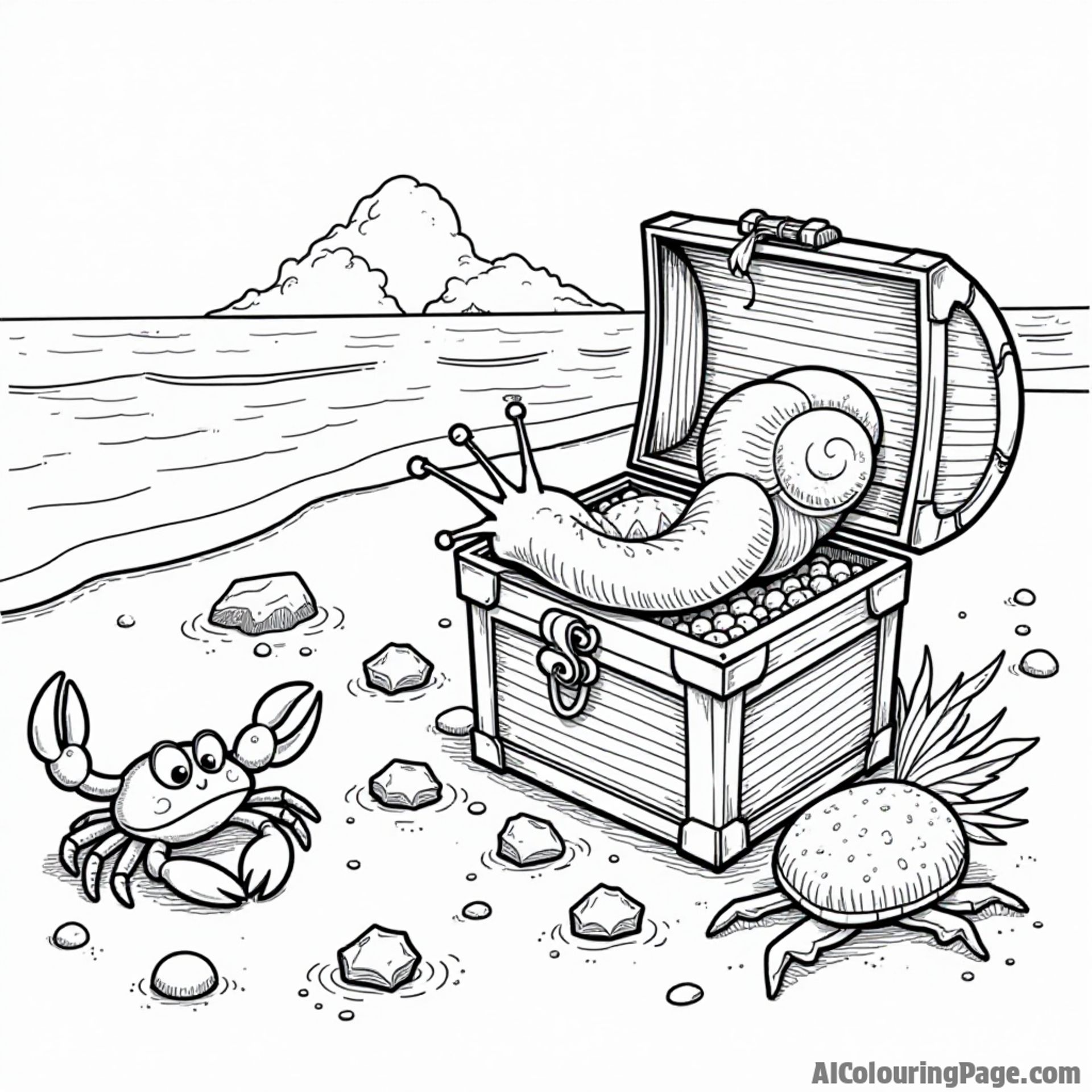 A snail discovering a treasure chest, with sparkling gems around and a curious crab peeking nearby on the beach.