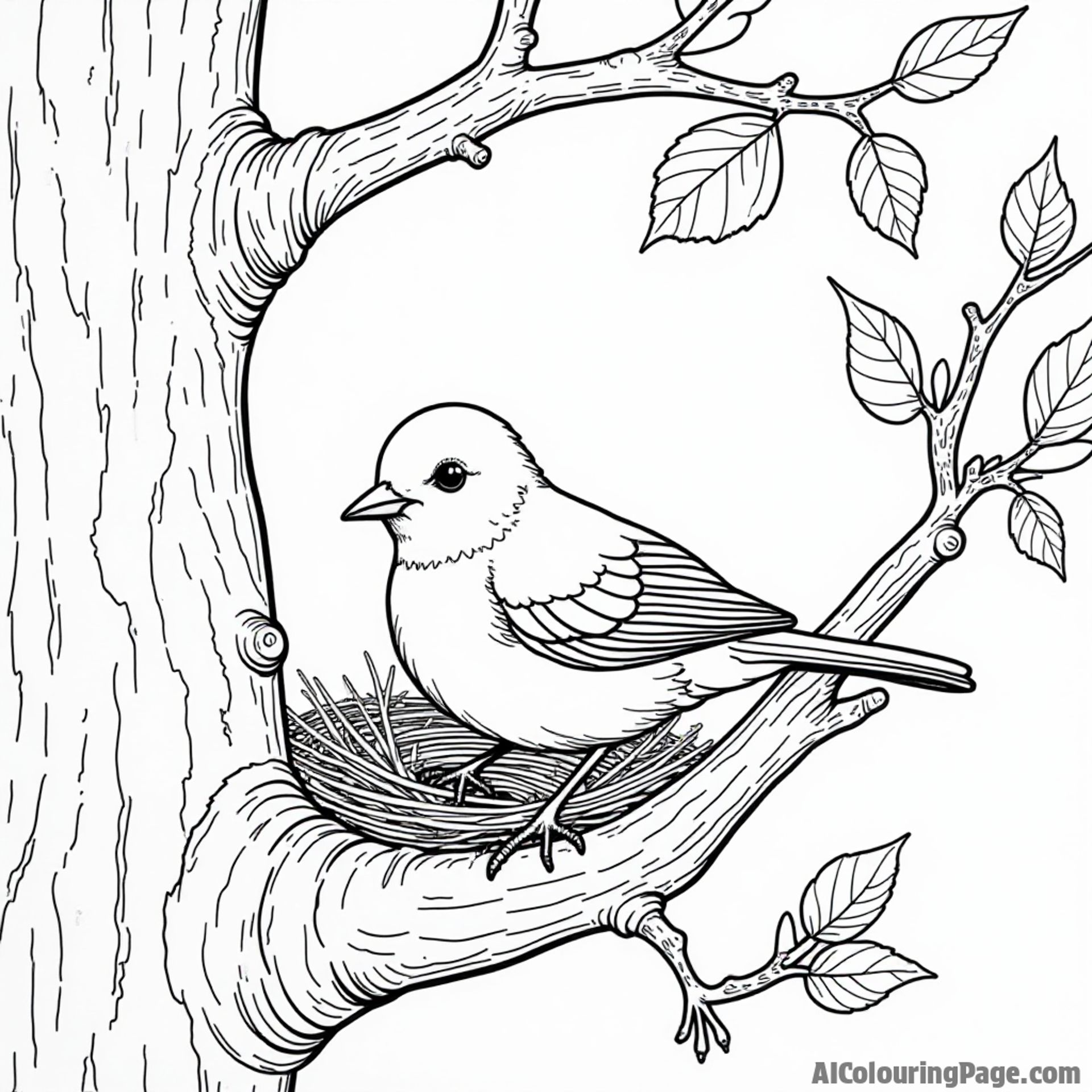A robin building a nest in a tree with twigs and leaves scattered around, showcasing nature in a fun scene.