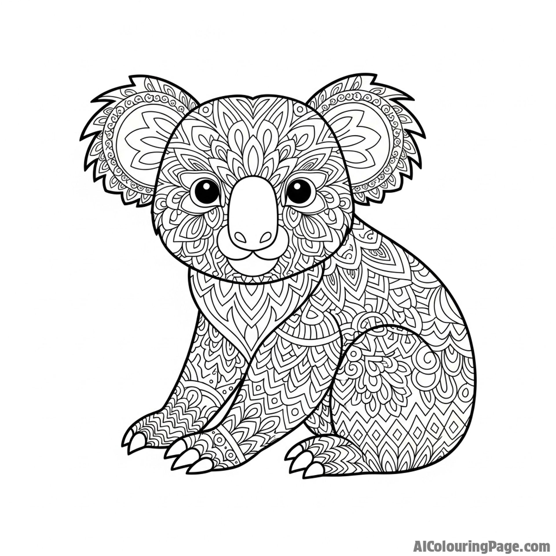 A folk-art style painting of a koala, decorated with intricate, symmetrical patterns.