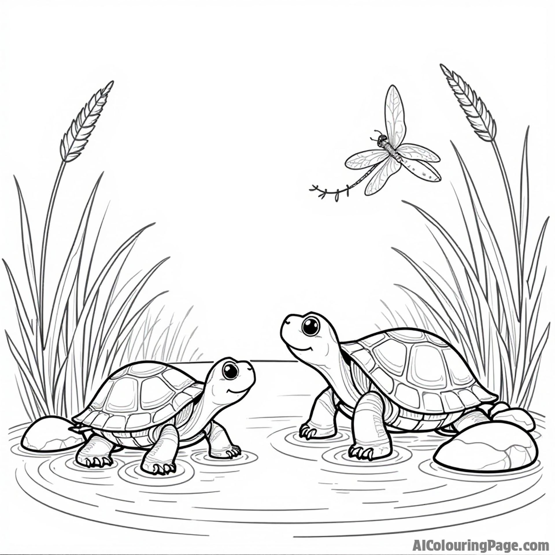 A dragonfly and a turtle enjoying a sunny day by the pond, with reeds and rocks creating a cozy habitat.