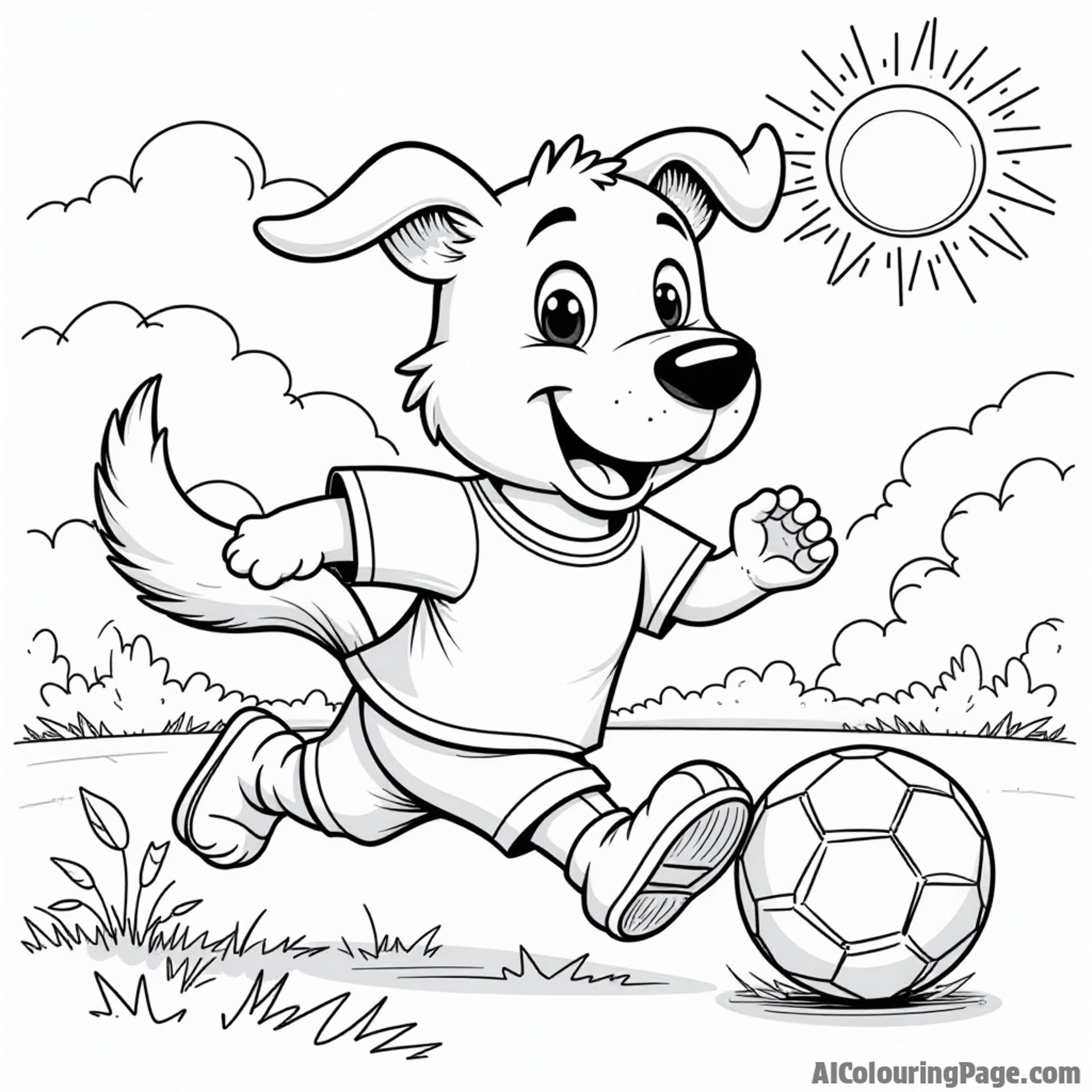 A cartoon dog wearing a jersey and chasing a soccer ball, with a grassy field and a sun shining above, ready to be colored in a fun black and white style.