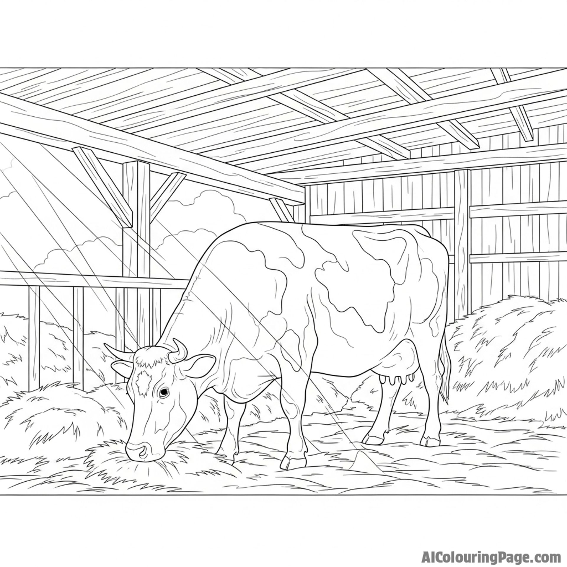 A cow inside a rustic, hay-filled barn, with shafts of light piercing the gloom.