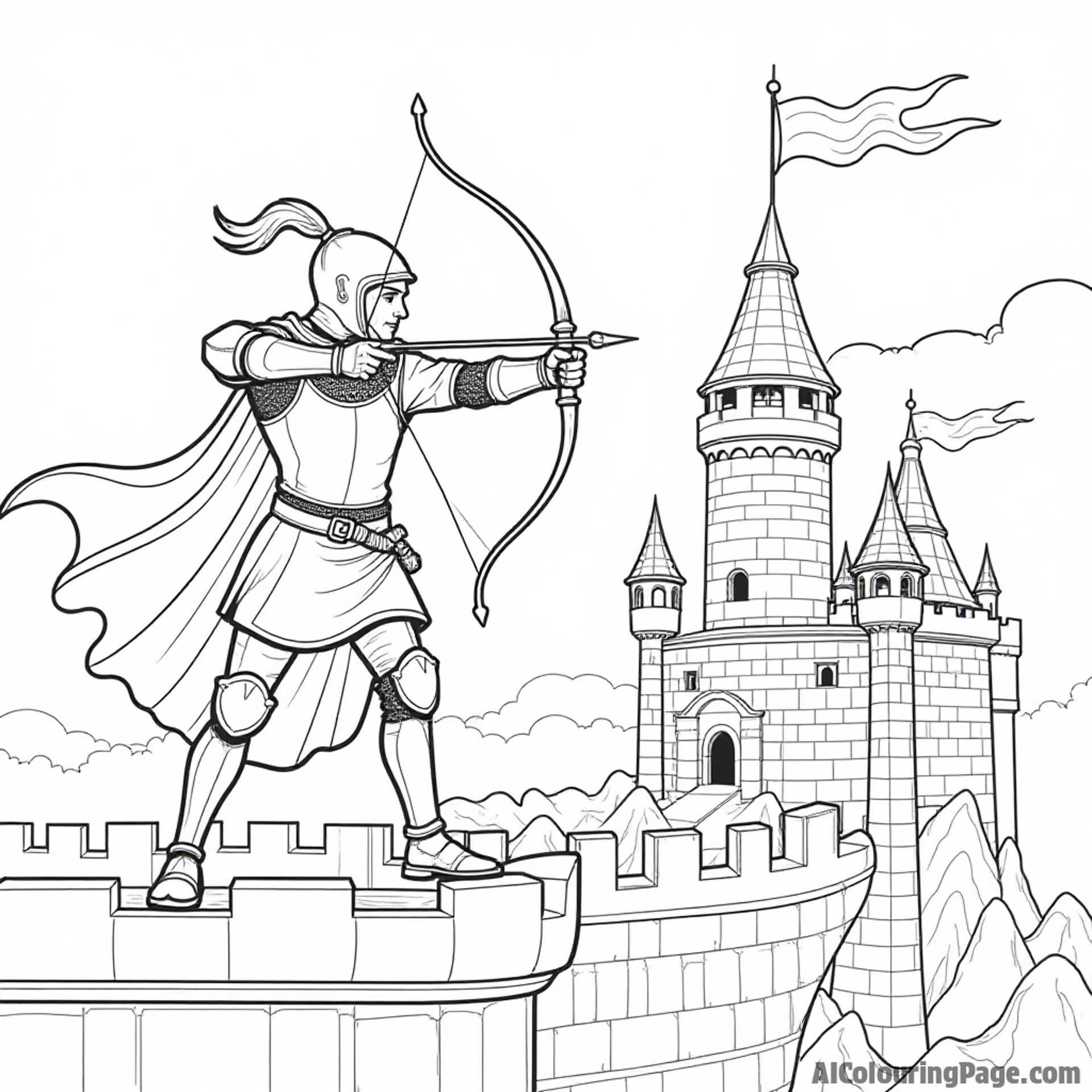 A brave knight practicing archery on a castle battlement, with banners flying in the wind and a dragon perched nearby, creating an exciting medieval archery scene for kids.